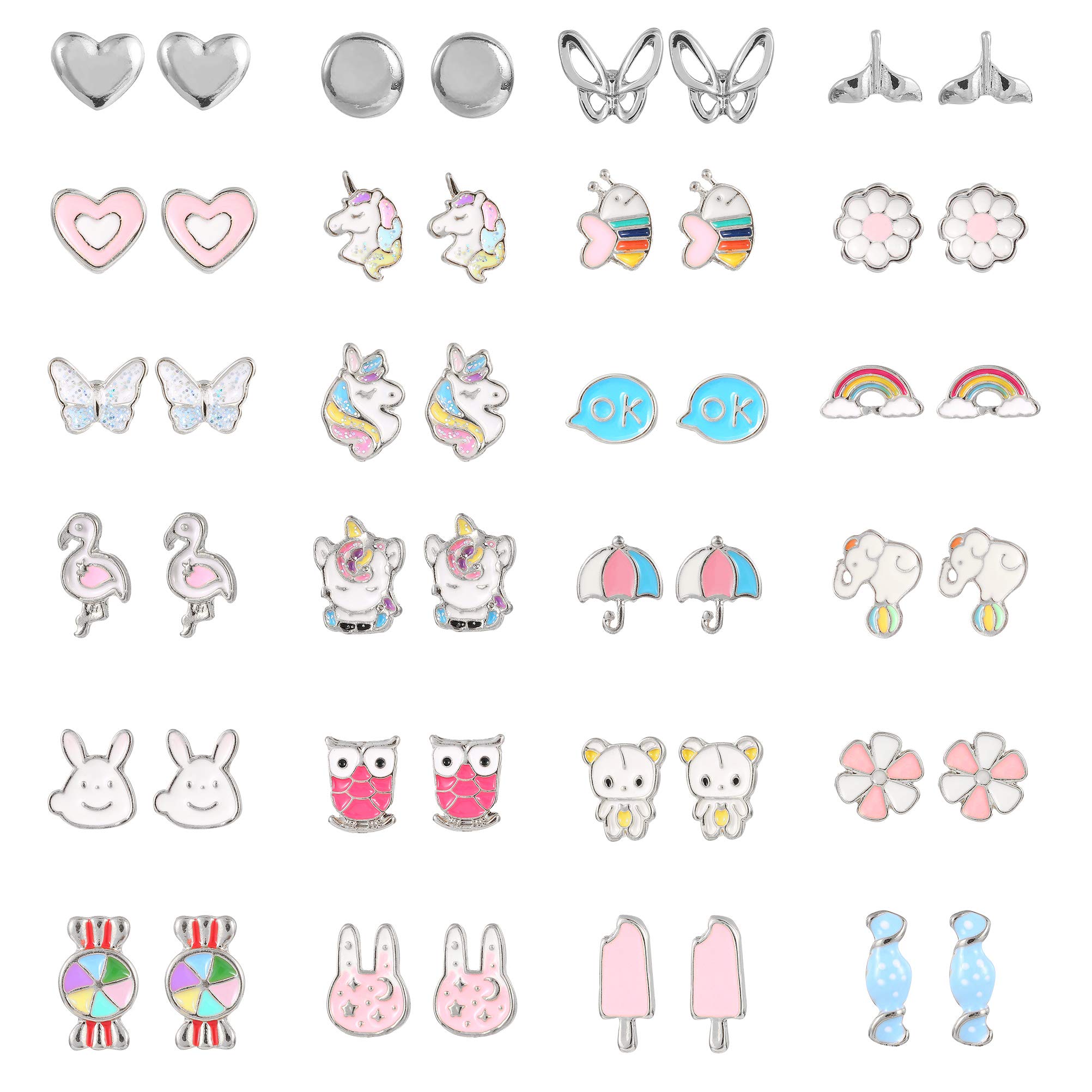 24 Pairs Hypoallergenic Stud Earrings Set for Girls Sensitive Ears With Stainless Steel Post Colorful Cute Earrings for