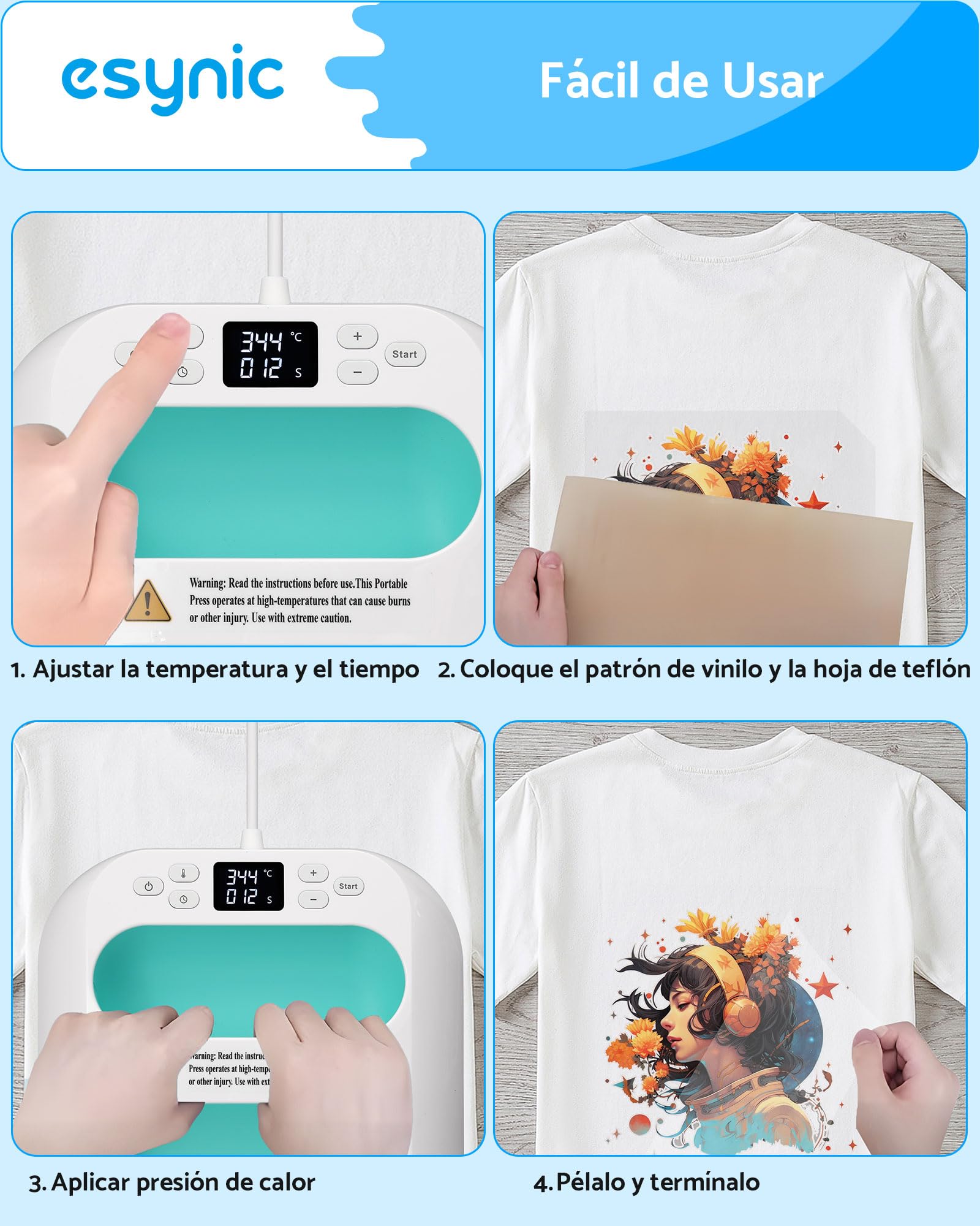 eSynic Prensa Térmica 9"x9", Prensa de Calor Portátil con Rápido Calentamiento a 205°C, Control Precisa de Temperatura y Apagado Automático, Incluye Base de Seguridad para Camisetas, Bolsas, Tazas,DIY