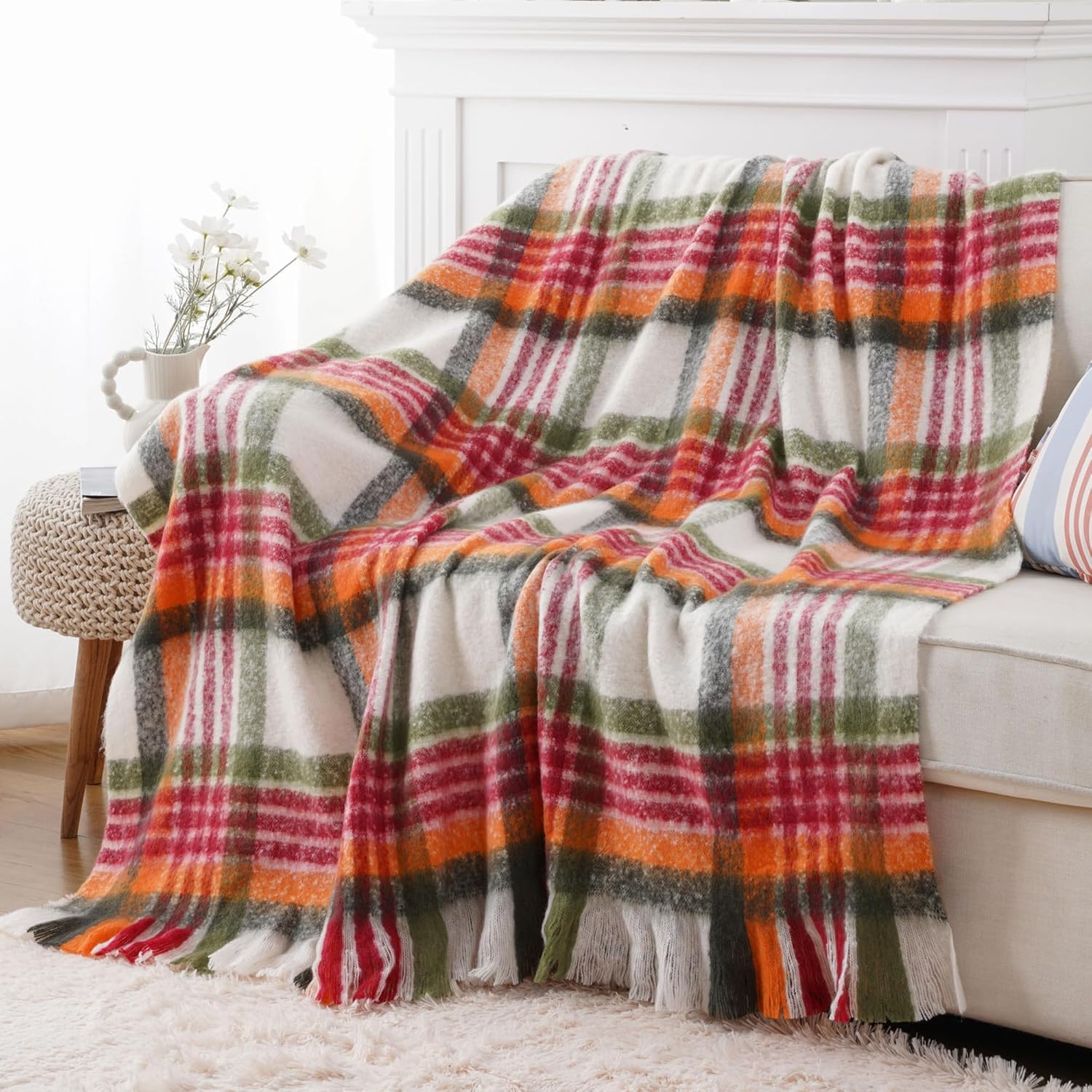 BATTILO Christmas Red Plaid Throw Blanket for Couch Bed, Soft Mohair Tartan Plaid Blanket, Farmhouse Style Checkered Pattern, Red Green Throw Blankets for Home Decor(50"x60") - Image 3