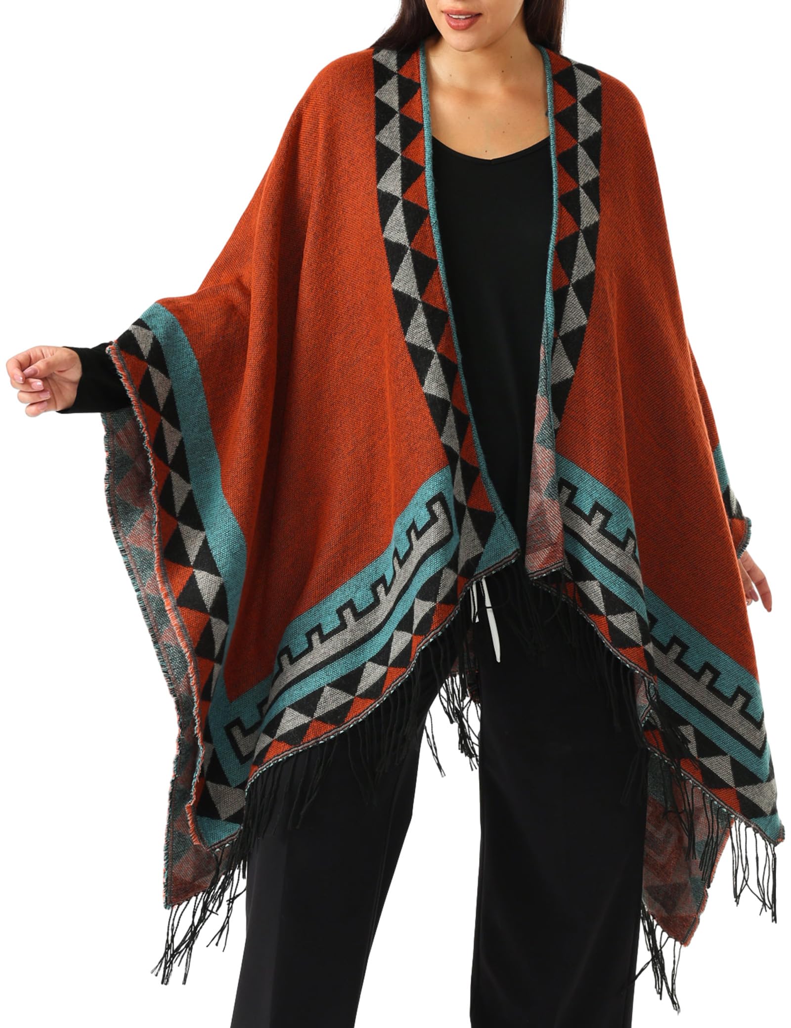 FlorboomWomen's Warm Shawl Wrap Cape Winter Sweaters Plaid Open Front Poncho Coat with Tassel