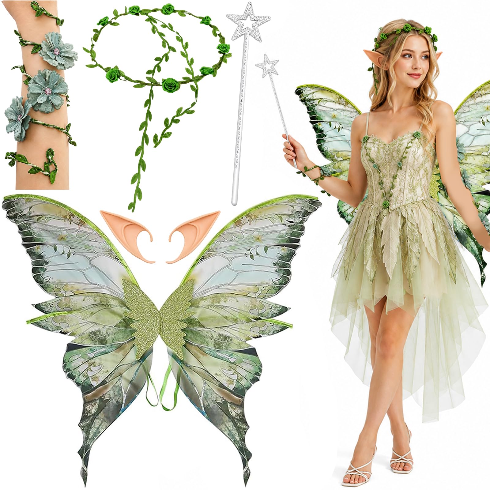 Fairy Wings, Halloween Costumes, 5 PCS Fairy Wings Adult Set with Wings Elf Ears Flower Crown Magic Wand and Fairy Flower Arm Wrap, for Attending Halloweens and Parties Use by Those Aged 15 and Above