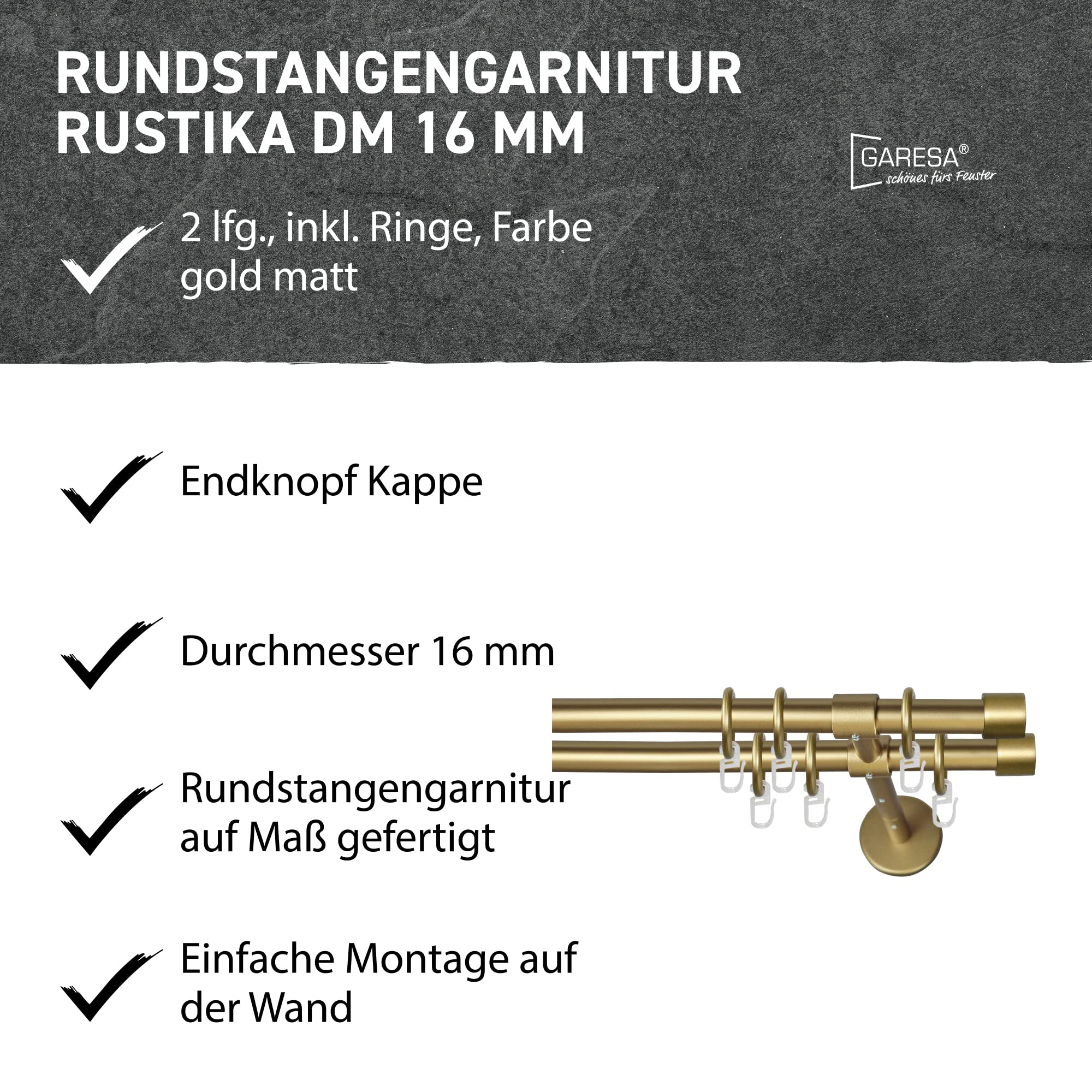 Garesa Gardinenstange Rustika Ø 16mm, 2-läufig, Gold, matt I Rustikale Vorhangstange aus Metall inkl. Ringe + Faltenlegehaken I Mit Endknopf Kappe I 280cm