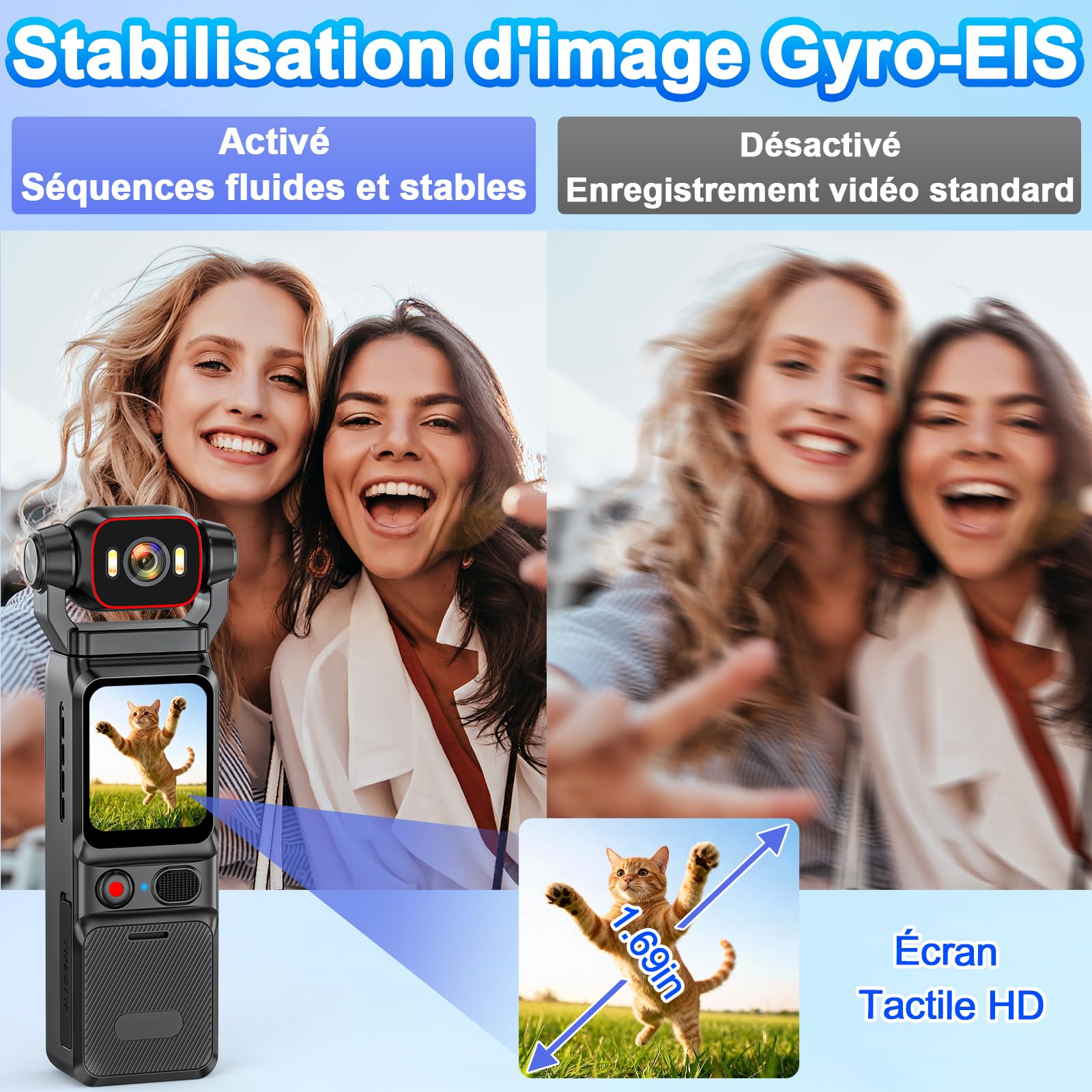 Caméra Vlog 4K Stabilisation 6 Axes WiFi Grand Angle, Moovora | Batterie 5h, objectif orientable 160°, LED intégrée, 256GB SD, écran