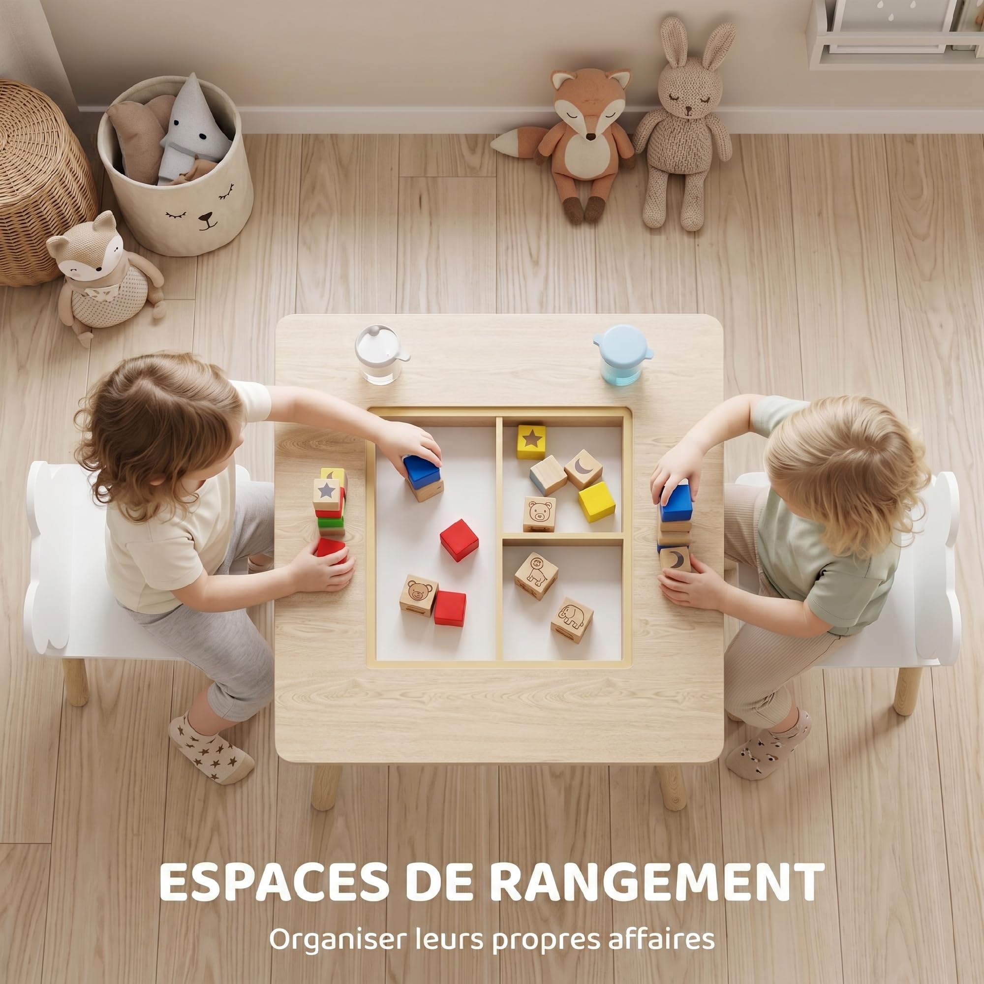 AIYAPLAY Ensemble Table et 2 Chaises 3 pièces Enfants Plateau réversible Bois Naturel