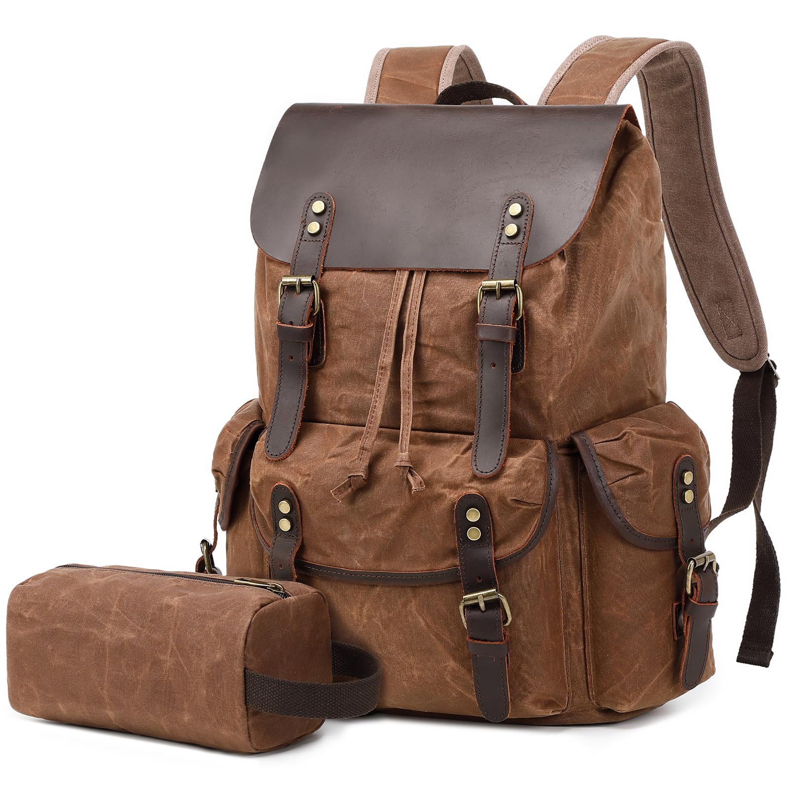 Wogarl Vintage Leather Canvas Backpack, Waxed Canvas Shoulder Rucksack with Toiletry Shoulder Rucksack for Traveling, Camping, Hiking,Business College