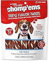 Vista 1 de CHOMP 'EMS Palitos giratorios de cuero crudo de triple sabor – Masticables para perros de piel de res, 50