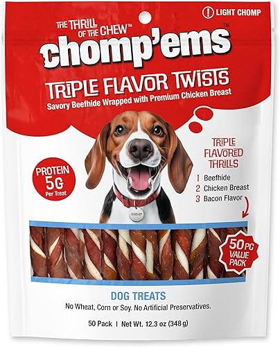 CHOMP 'EMS Palitos giratorios de cuero crudo de triple sabor Masticables para perros de piel de res, 50 unidades