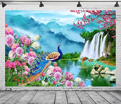 Miniatura 4 de BELECO Telón pintoresco de tela de 5 x 3 pies con niebla montañas cascadas naturaleza país de las maravillas flores florecientes pavo real peces
