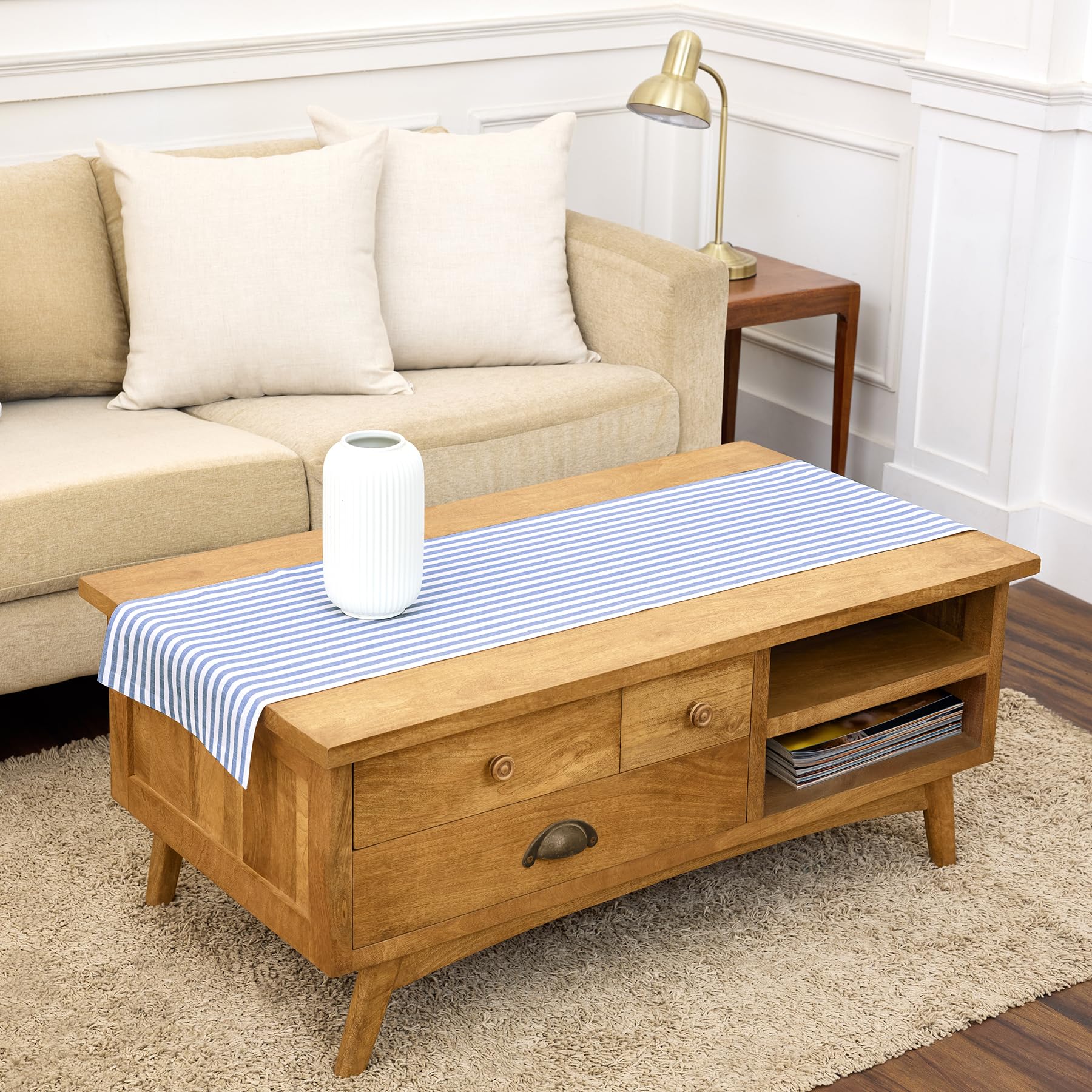 Solino Home Camino de mesa de lino de 60 pulgadas, rayas Amalfi, 100 % lino puro, color azul marino y blanco, 35.5 x 152.4 cm, ideal para tocador y mesas auxiliares, primavera, verano, día de la madre
