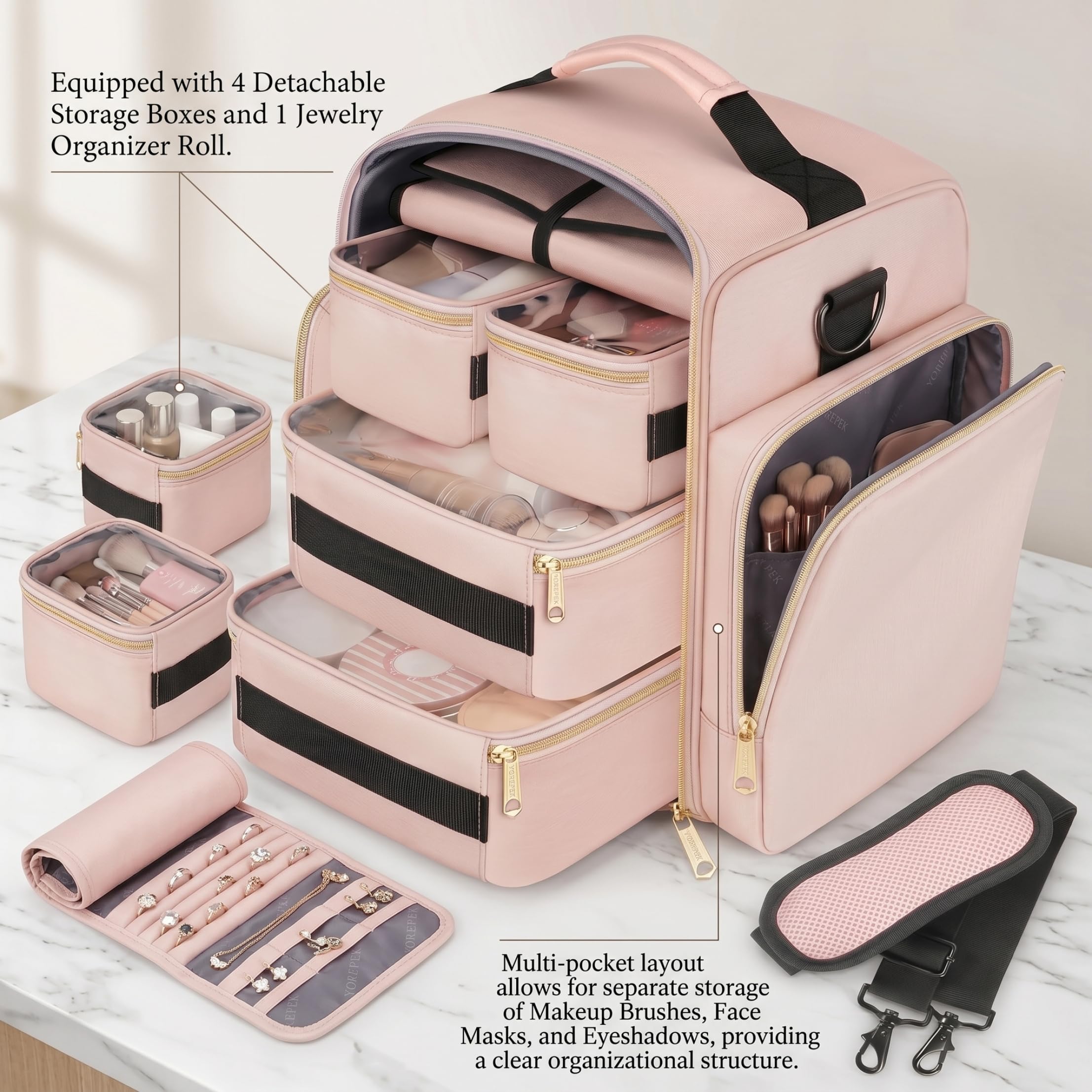 Neceser de Maquillaje con Compartimentos, neceseres de Gran Capacidad para Mujer, Bolsas de Viaje portátiles para Mujer, 4 Compartimentos Desmontables + Rollo de joyería, Organizador de Maquillaje