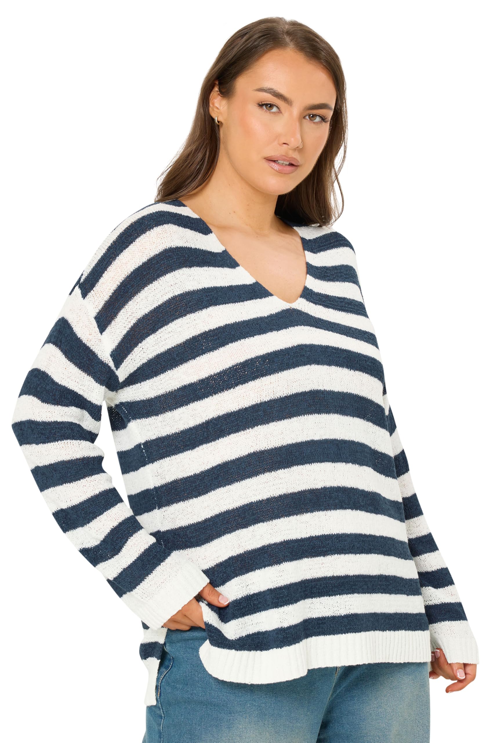 Yours Women's Navy Curve Blue & White Stripe Knitted Jumper - Plus Size Curve