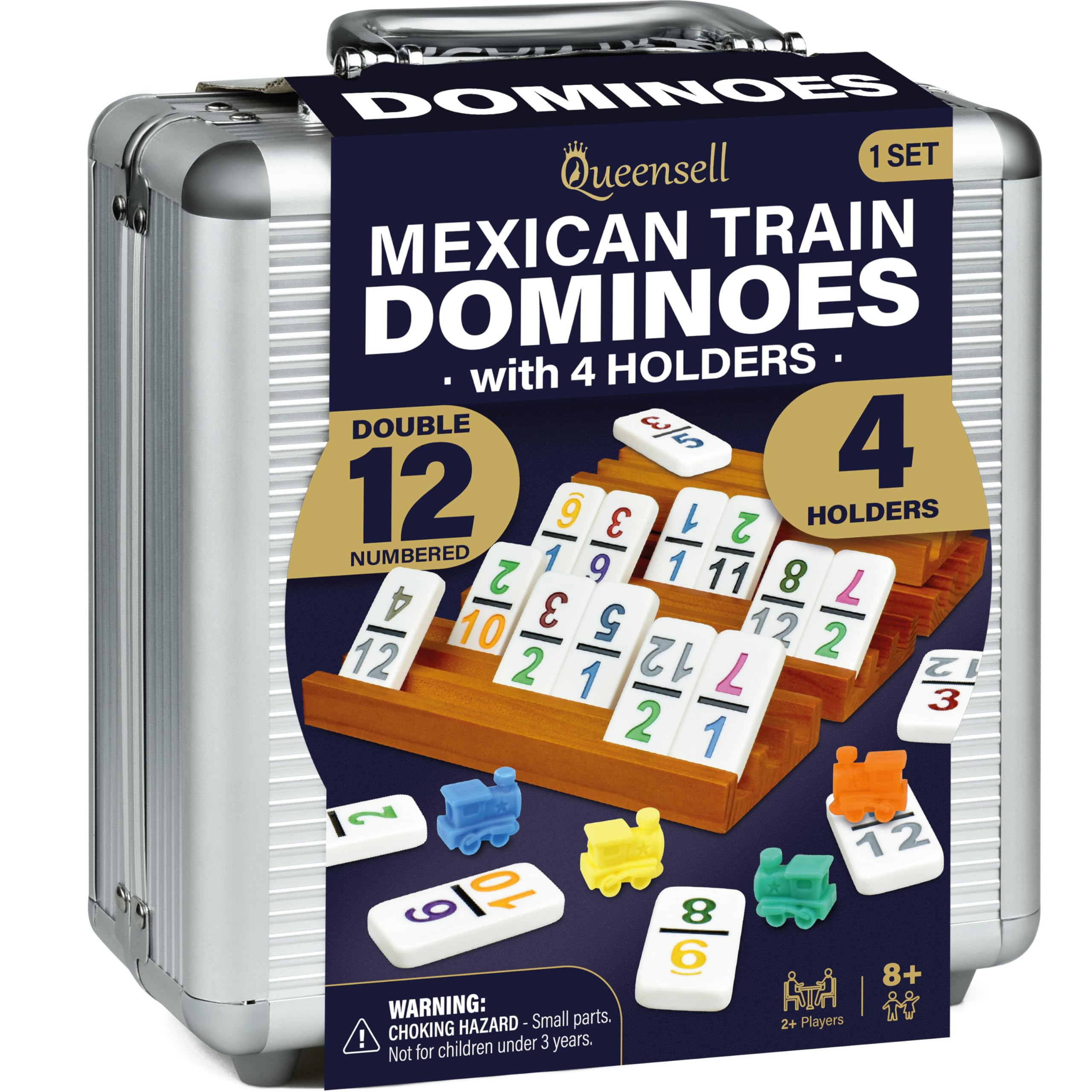 Juego de dominó de tren mexicano con números y 4 soportes, cubo de madera y soportes de dominó, doble 12 con números (números D12 + 4 soportes)