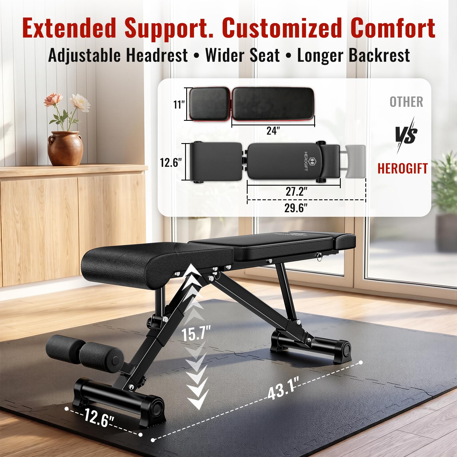 Adjustable Weight Bench, 144 Configurations with 3-Position Headrest, Foldable Workout Bench with Extended Backrest, 600 LB Capacity for Home Gym Full Body Strength Training