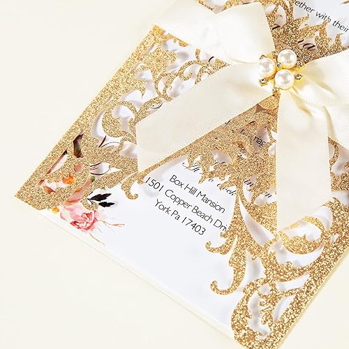 Miniatura 4 de 25 invitaciones de boda con purpurina cortadas con láser invitaciones de boda con sobres y tarjetas RSVP, hoja interior en blanco, personalizada