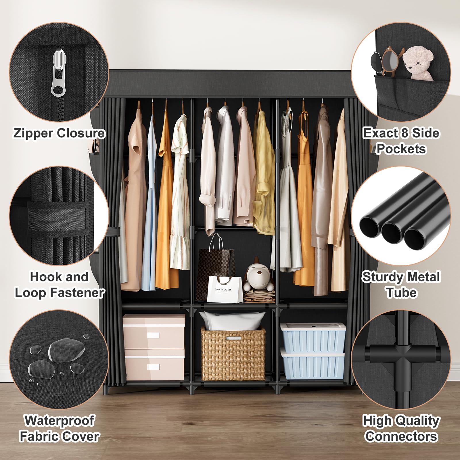 Vicye Kleiderschrank, Stoffschrank stabil mit 3 Kleiderstangen und 8 Seitentasche, Faltschrank Kleiderschränke mit Überzug, tragbarer Schrank Garderobe für Schlafzimmer und Ankleidezimmer 124x42x162cm