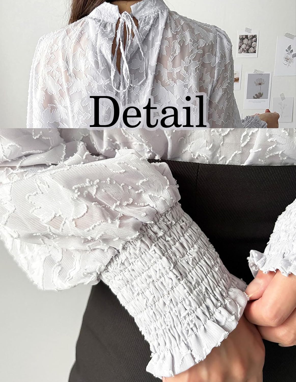 Women Summer Sheer Lace Top High Neck Floral Chiffon Long Sleeve Loose Fit Dressy Casual Daily Wear - Image 6