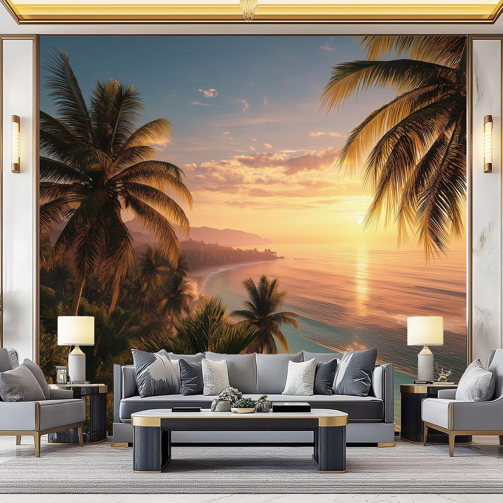 Fototapeta Tropikalna Fototapeta Żółty Plakat Plaża Zachód Słońca Fotografia Do Sypialni Salonu Tv Ściana 300 x 210 cm