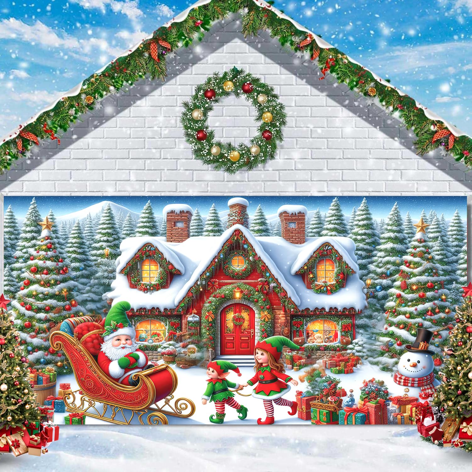 Grande Décoration De Porte De Garage Noël - Bannière Renne 210x150 Cm, Tissu Polyester, Pour Extérieur