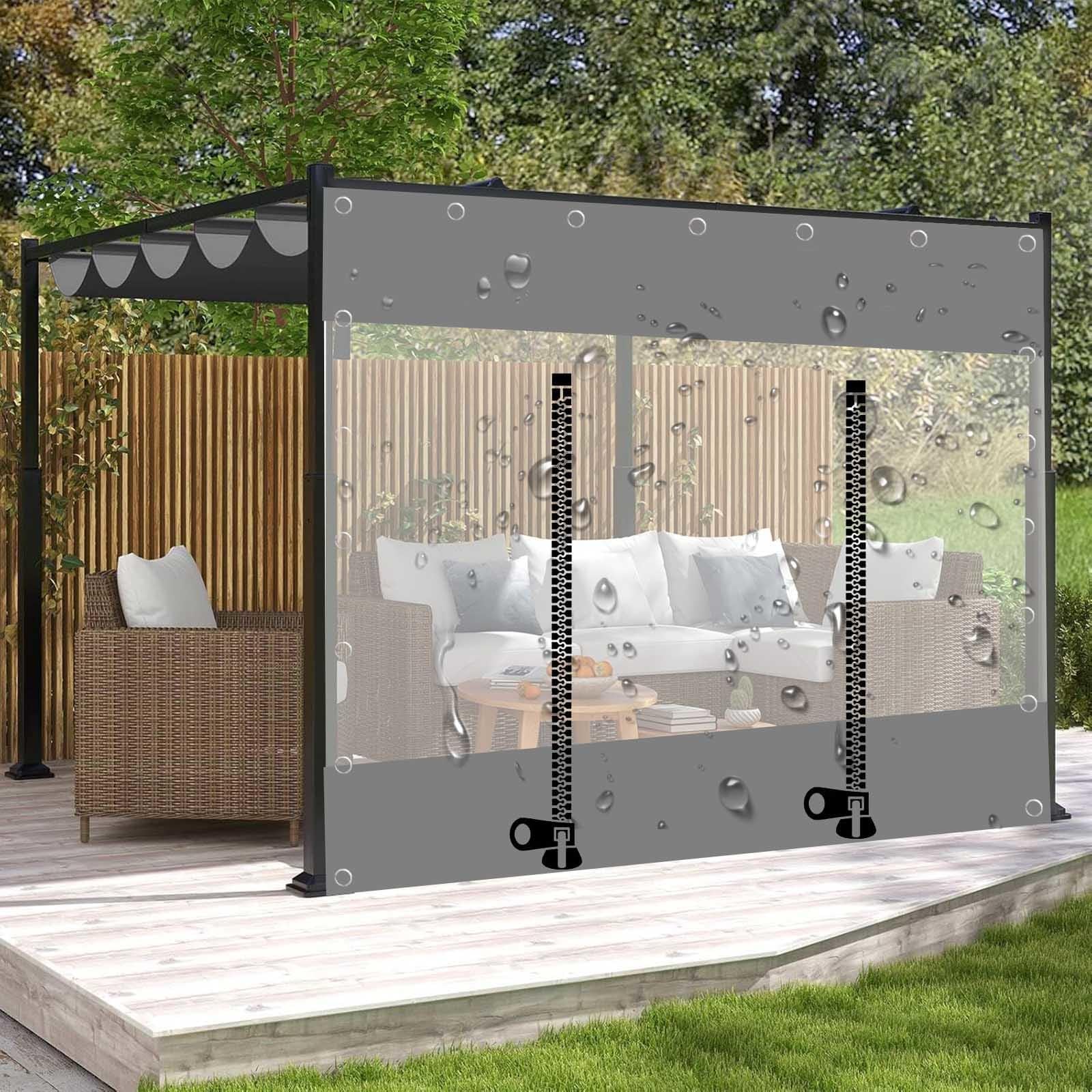 Pxzybd W×H Waterproof Clear Tarp Curtains,Grey Transparent Tarpaulin Side Panels With Zipper Door,0.3Mm Pvc Weatherproof Tarpaulin Cover Sheet,For Outdoor Garden Pergola Terrace Gazebo,-1.7×2.1M(5.6*6.9Ft)