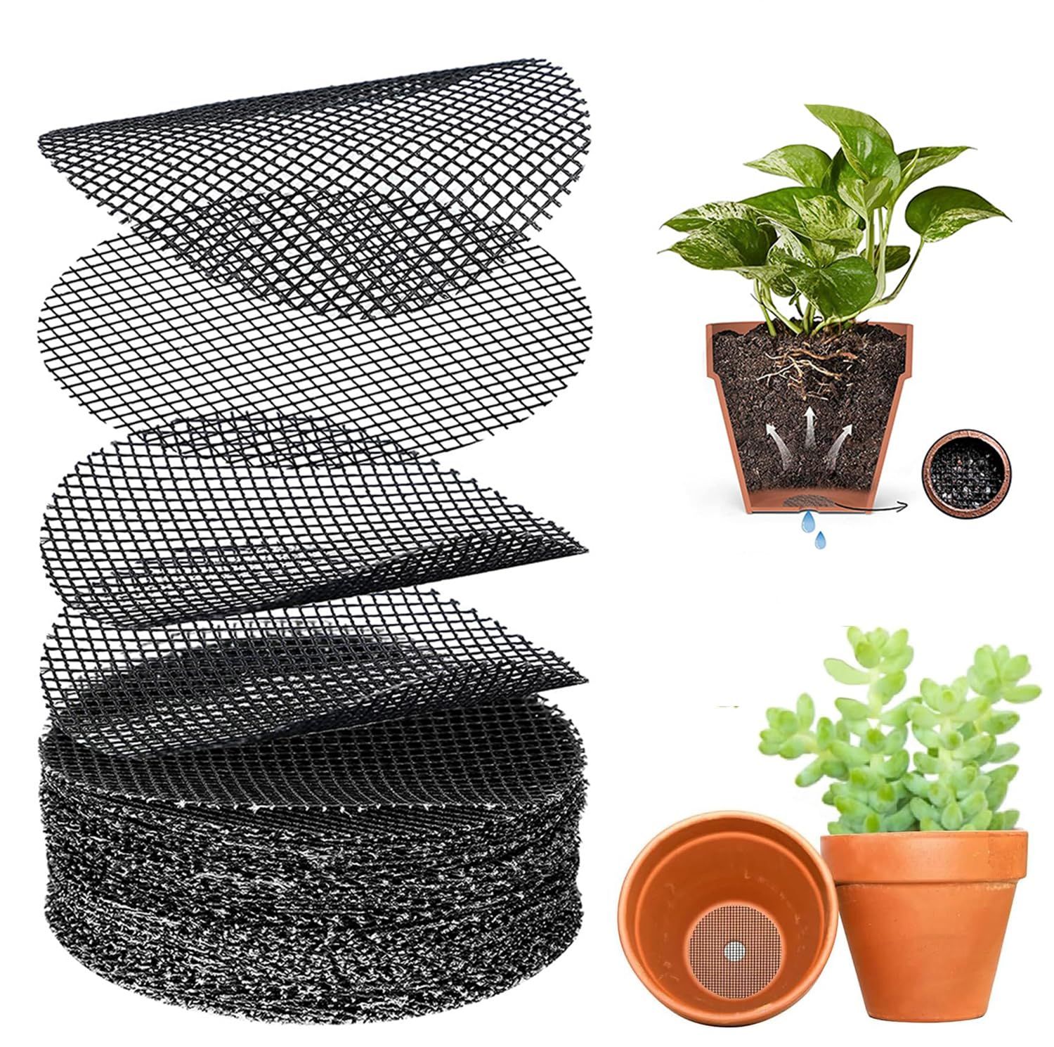 HASTHIP® 50Pcs Flower Pot Hole Mesh Pad for Keep Soil from Flowing Away, 10cm Round Drainage Hole Screens for Bonsai Pot, Succulent & Table Top Planters