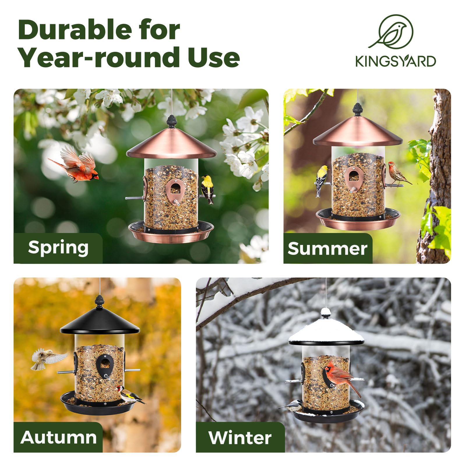 Kingsyard Comedero de metal para pájaros para colgar al aire libre, comederos de tolva con bandeja de semillas, tubo de gran capacidad de 3 libras con 4 puertos, fácil de llenar y limpiar, color negro