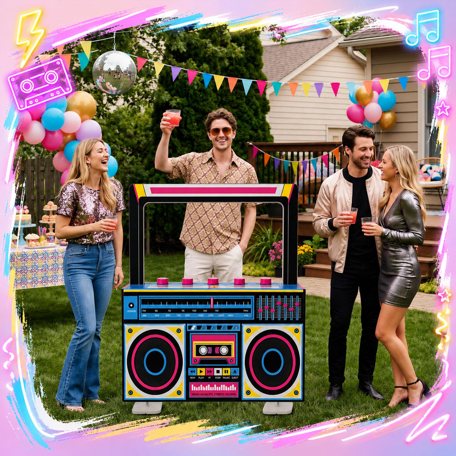 Pasimy 1,5 m Neon Boombox Photo Booth Puntelli anni '90 Retro Radio Speaker Selfie Frame Sfondo Cartone per 80s 90s Hip Hop Musica Tema Decorazione Festa di Compleanno Anni '80 Disco Rock Party