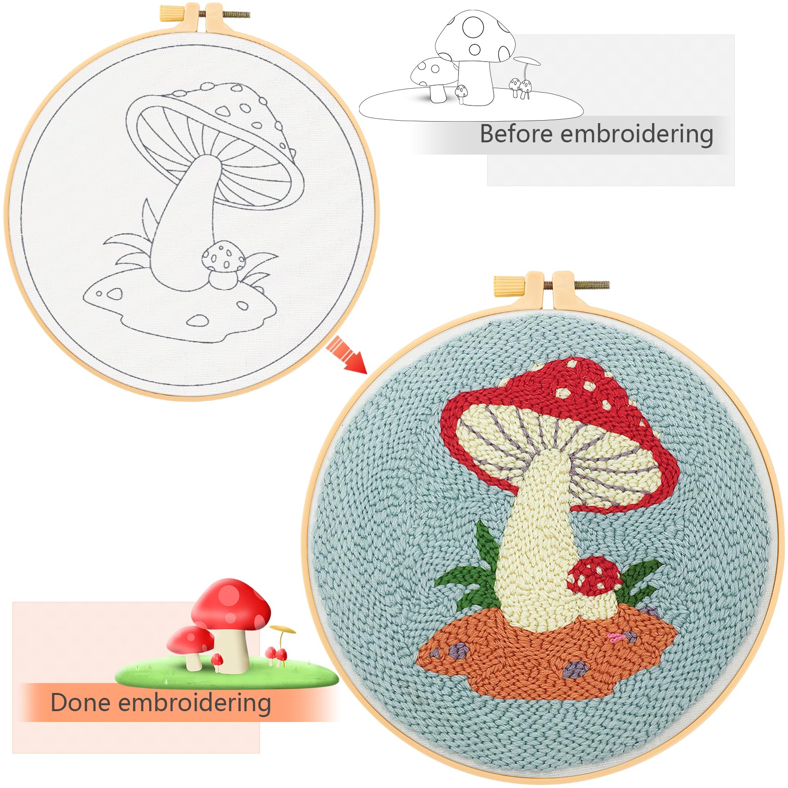 TINDTOP Kit Ricamo Per Principianti Adulti – Set Completo Con Funghi, Telaio, Fili E Istruzioni – Attività Creativa Fai Da Te