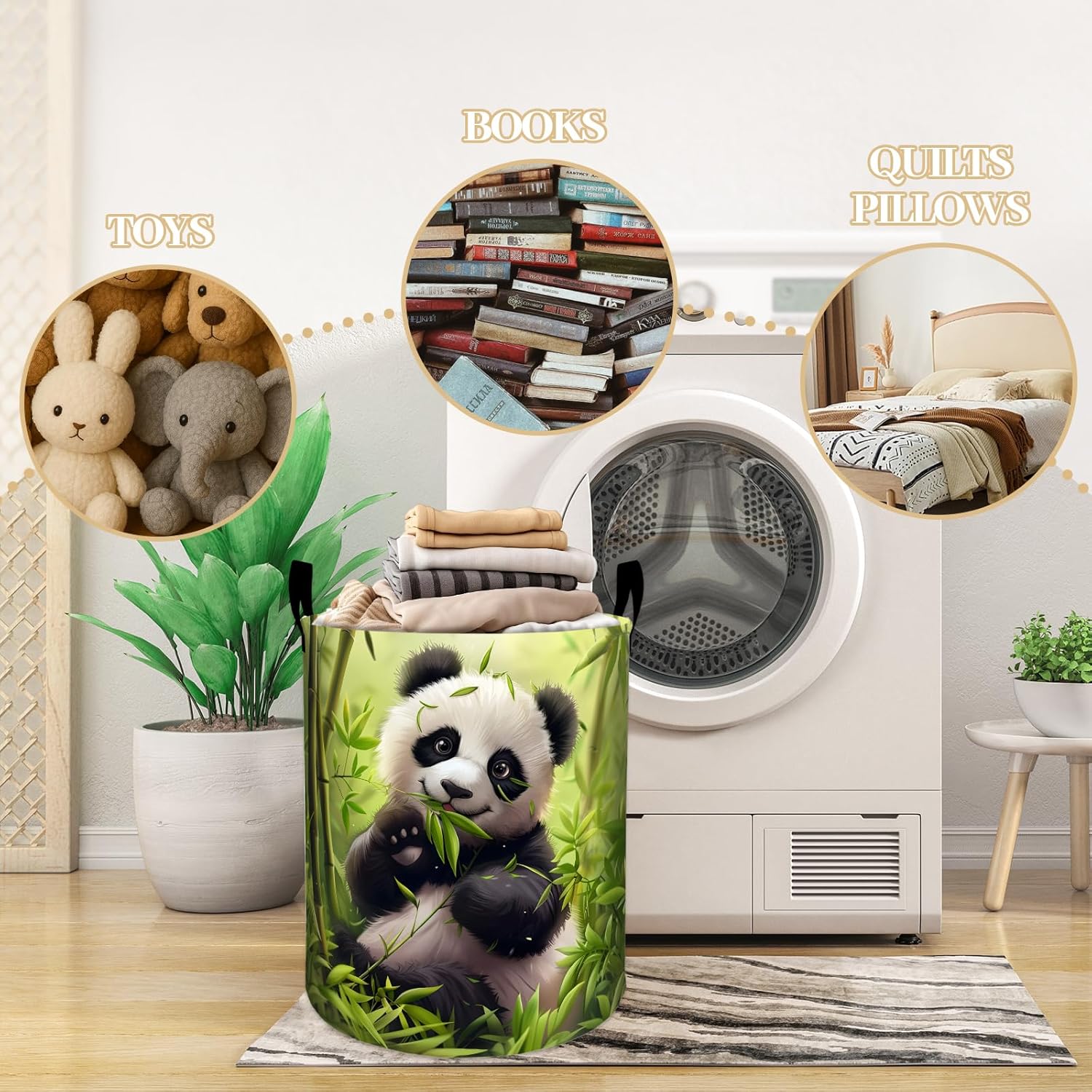 Playful Panda in Greenery Forest Laundry Basket, Dorm Nursery Foldable Laundry Hamper Organizer for Bathroom Decor, Toy Clothes Storage Box for Bedroom 19.7x15.7 Inch