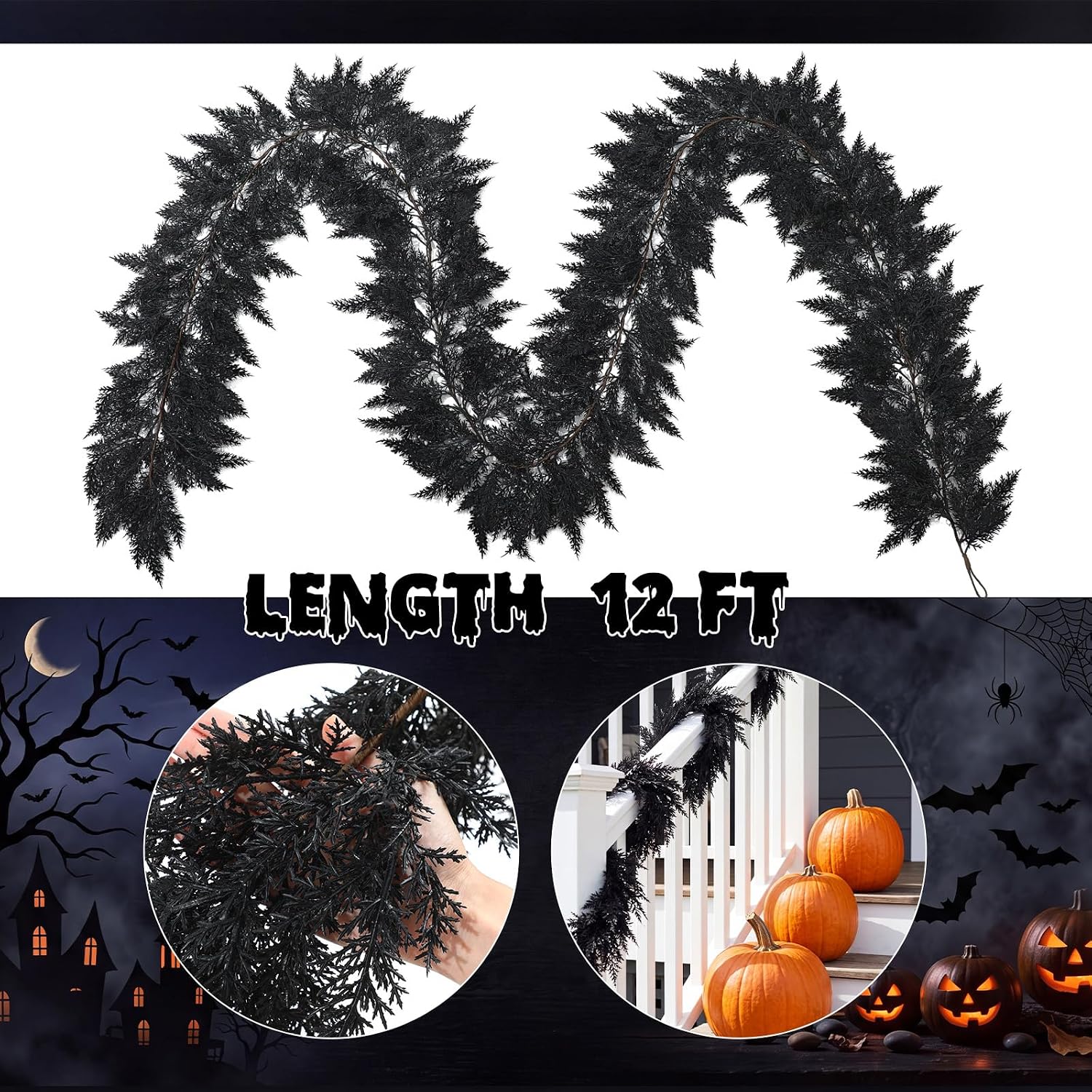 12 Ft Black Halloween Garland, Artificial Cedar Garland for Mantel Fireplace Spooky Faux Realistic Gothic Hanging Vine Twigs for Outdoor Indoor Stair Porch Table Home Party Decor