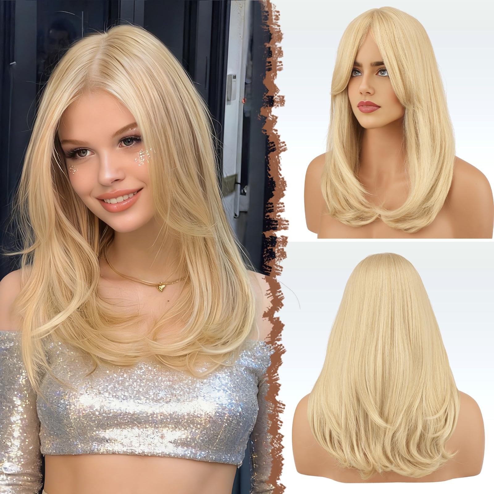 FESHFEN Perruque Longue avec Frange, Blond Clair Naturelle Synthétiques Perruque de Cheveux Perruque pour Femme 45 cm