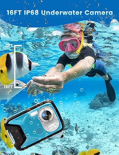 Vista 2 de Cámara submarina 4K de 16 pies, cámara digital impermeable de 48 MP con tarjeta de 32 GB, cámara compacta con zoom de 18X impermeable