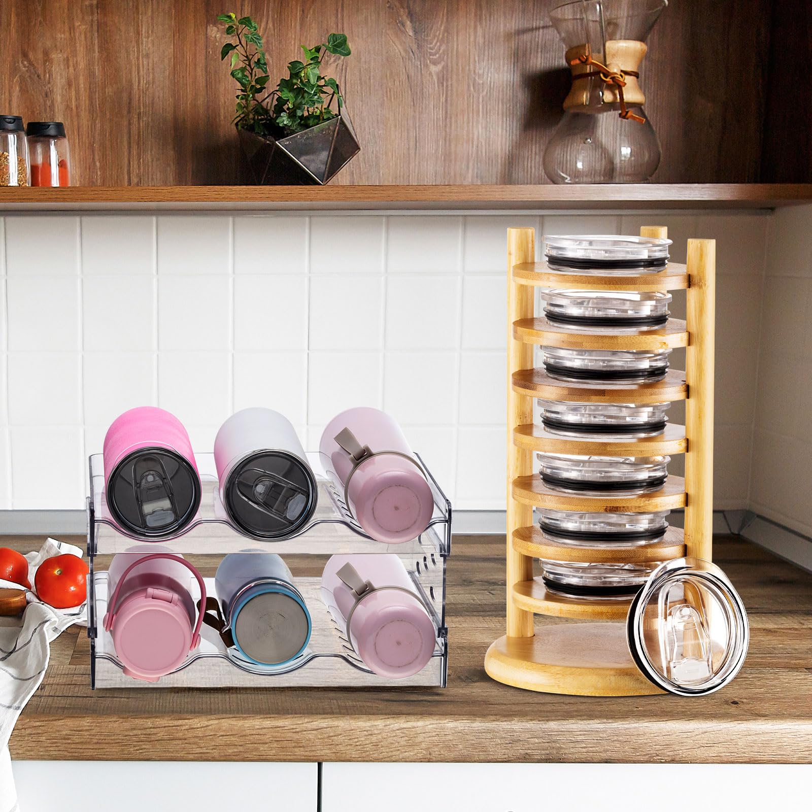 Hsei 2 Sets Bamboo Tumbler Lid Organizer Water Bottle Organizer for Cabinet Acrylic Water Bottle Storage Rack Freestanding Tumbler Lid Holder Stackable Kitchen Pantry Organization and Storage Shelf