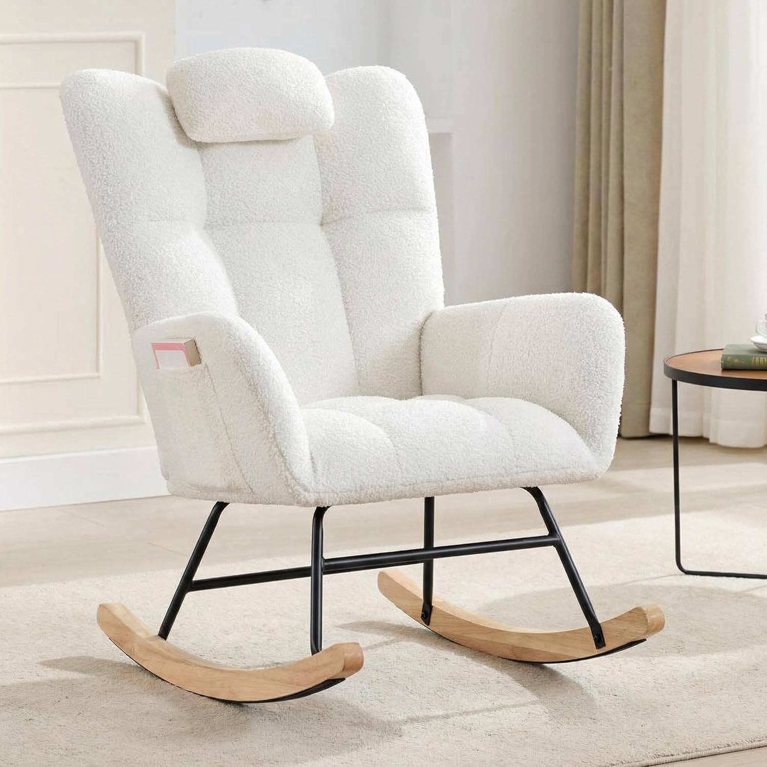 Teddy Upholstered Nursery Rocking Chair, Plush Glider Rocker for Adults in Small Spaces, Nursing Chair for Living Room, Bedroom, or Classroom, Beige