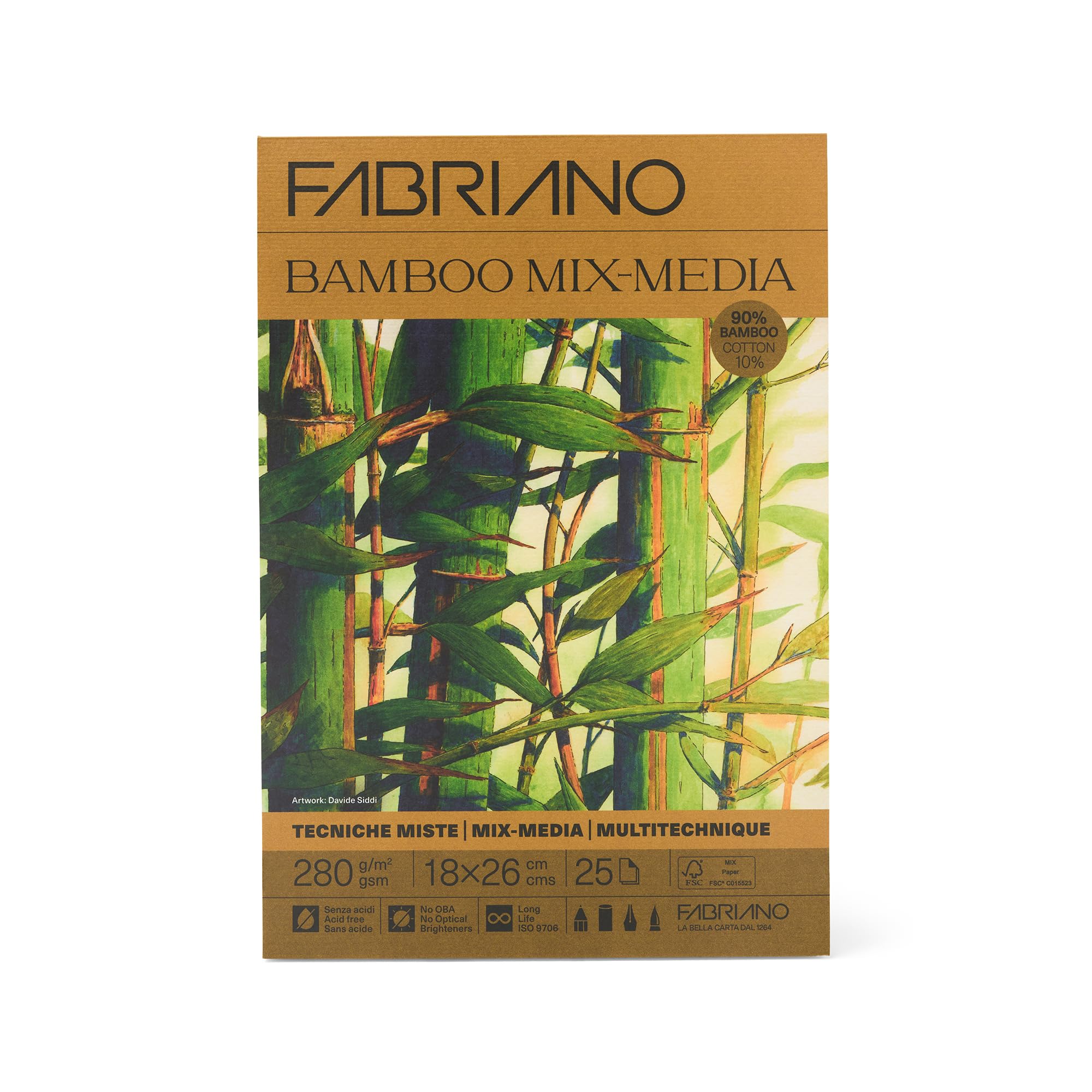 Fabriano Bamboo Carta Artistica 90% Bambù 280 g/m² – A Grana Naturale, FSC® Mix, Senza Acidi, per Tecniche Miste, Pittura e Disegno – Bianco Caldo Naturale (18x26 cm)