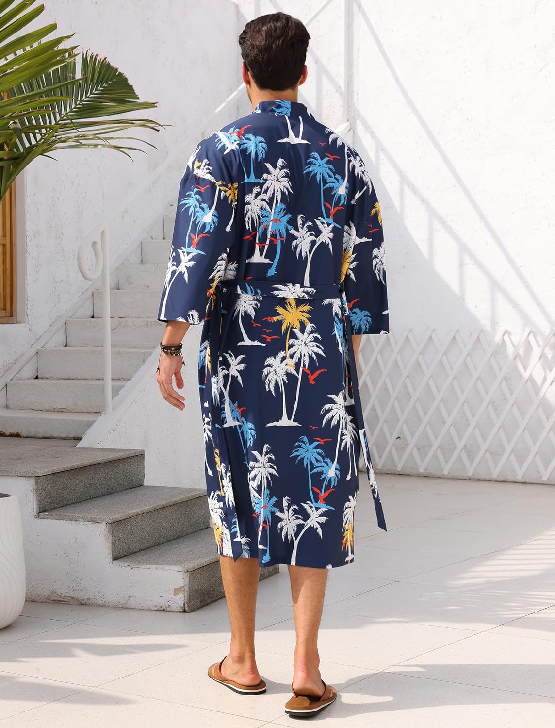 ODIZLI Men's Kimono Robe Tropical Print Long Sleeve Open Front Robe with Belt Japanese Bathrobe Nightgown for Beach Vacation - Image 5