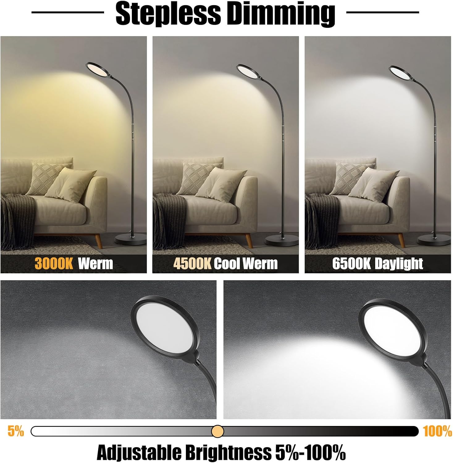 LED Floor Lamp, Reading Light, Bright Modern Tall Lamp, 3 Color Temperatures & Brightness, Adjustable Gooseneck Standing Lamp with Remote & Touch Control for Living Room, Bedroom, Office