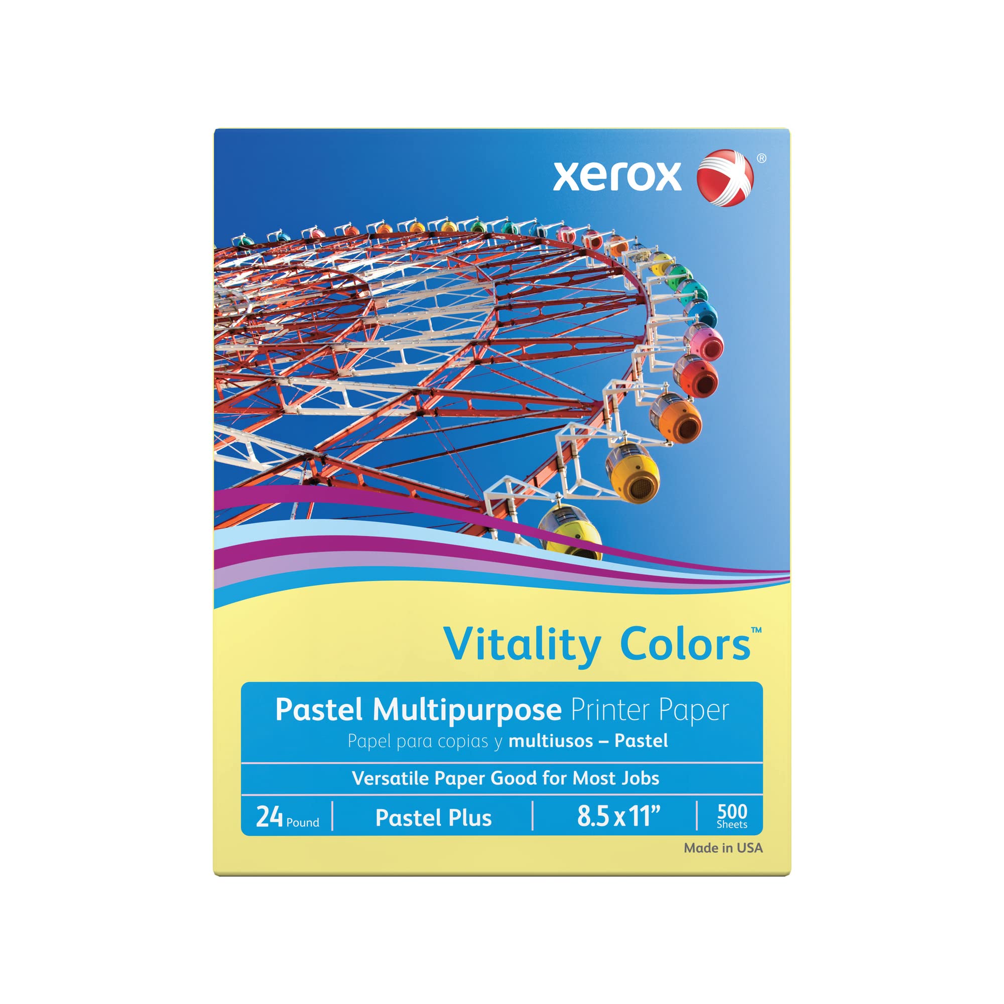 Xerox(r) Vitality Colors(tm) Pastel Plus Color Multi-Use Printer & Copy Paper, 1 Ream, Yellow, Letter (8.5" x 11"), 500 Sheets Per Ream, 24 Lb, 30% Recycled