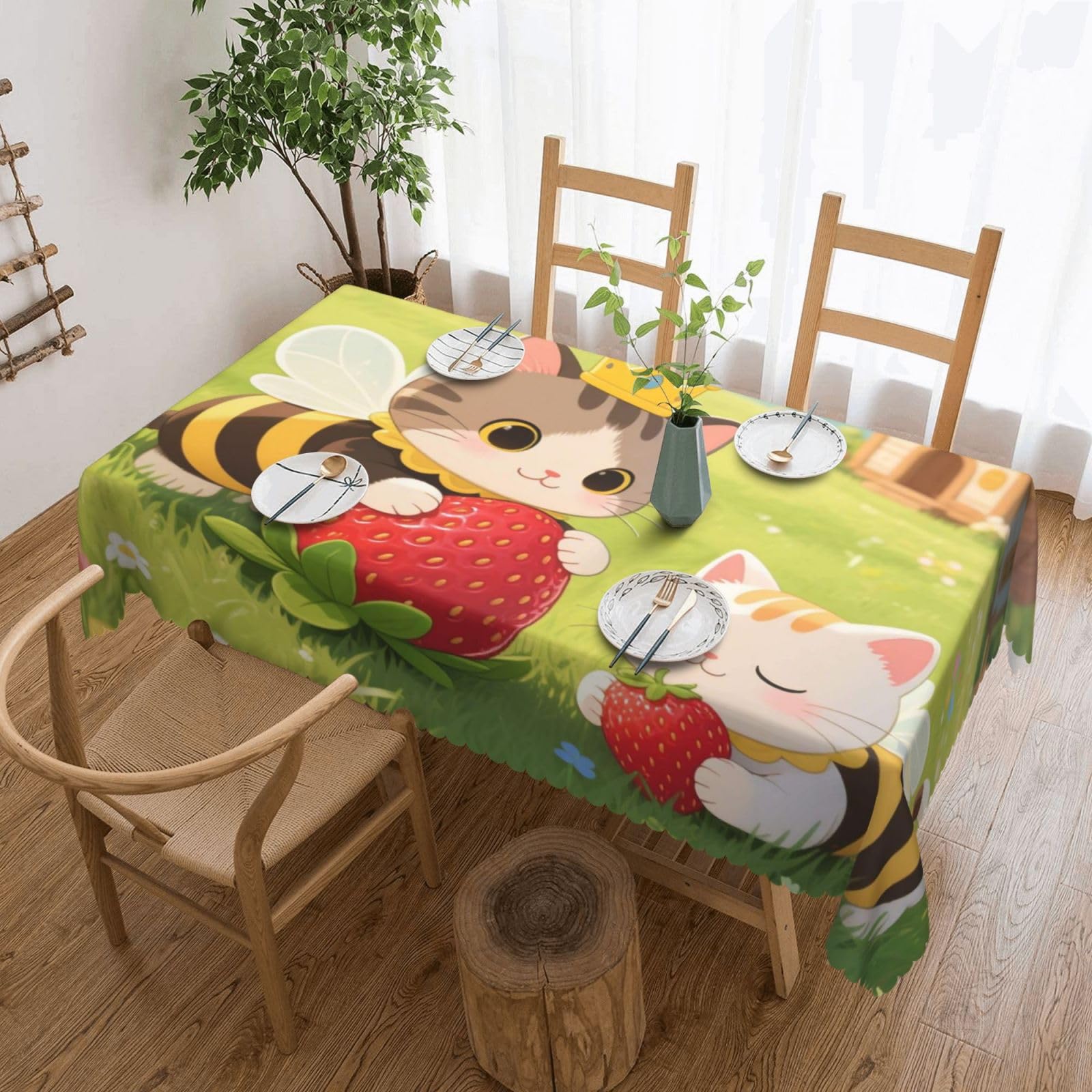 Nappe chat fraise cottagecore rectangulaire 137x183cm déperlante