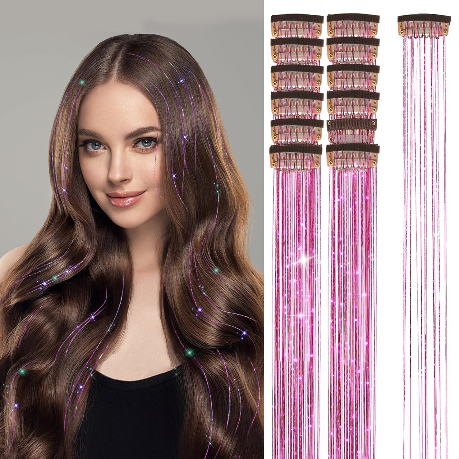 YHRY 12Pcs Clip in Hair Tinsel Kit, 20 Inch Hair Extensions Heat Resistant Fairy Hair Tinsel Kit, Glitter Hair Tensile Clip, Accessories for Women Girls Kids Festival Party Gift (Pink)