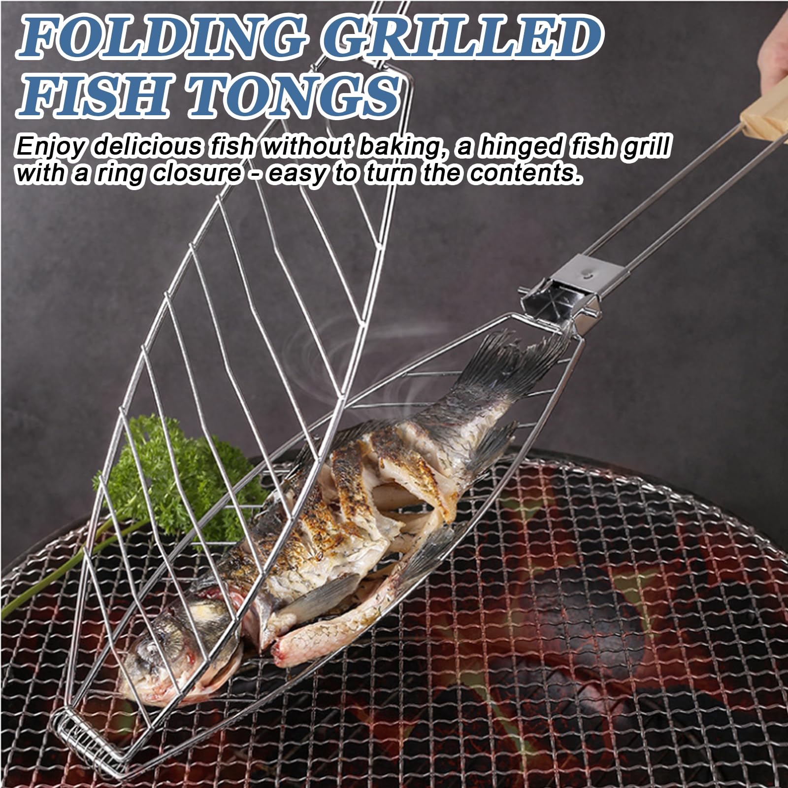 3er-Set Fisch Grillhalter mit Holzgriff, 63x12cm Große Fischbräter Fischgriller mit Griff aus Metall, Fischhalter Fischwender Grillfisch Rack Fischgrillzange Fischkorb für Grill und BBQ