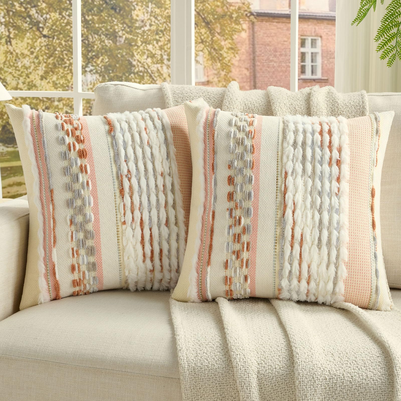 FUTEI Set of 2 Chenille Tufted Cushion Covers 50x50 cm,Grey Blue+Coral โ image 1