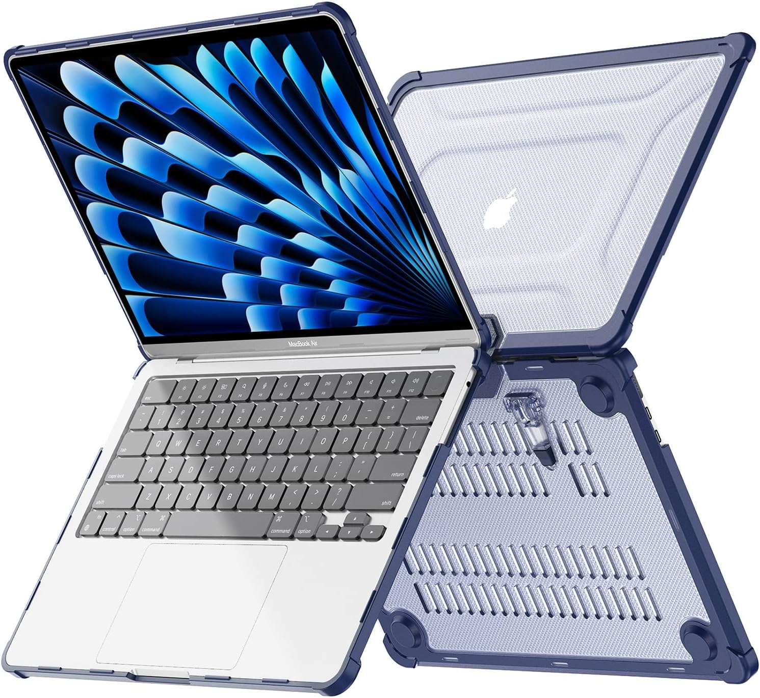 Mektron Shockproof Case for MacBook Air 15 inch 2025/2024/2023 with M4/M3/M2 Chip Model A3241/A2941/ A3114, 15.3” Heavy Duty Protective Hard Shell Cover with Fold Kickstand with Keyboard Skin, B-Navy