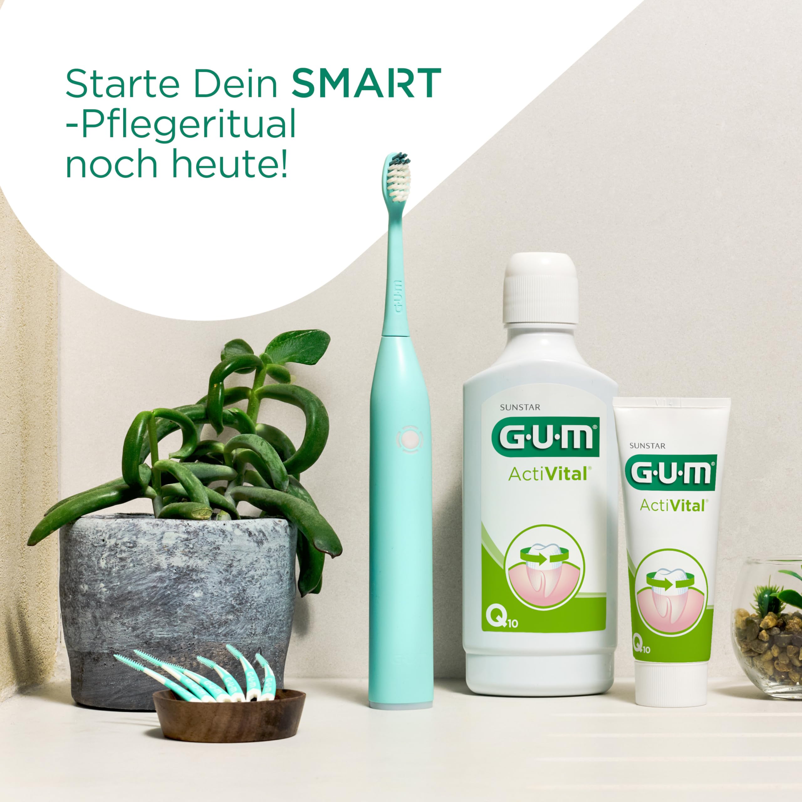 GUM SMART ONE elektrische Zahnbürste | Geschwindigkeitskontrolle | Timer | 4 Putzmodi | 6 Wochen Akkulaufzeit | GUM SMART App | 1x Schall-Zahnbürste | 2x Bürstenköpfe | Schwarz