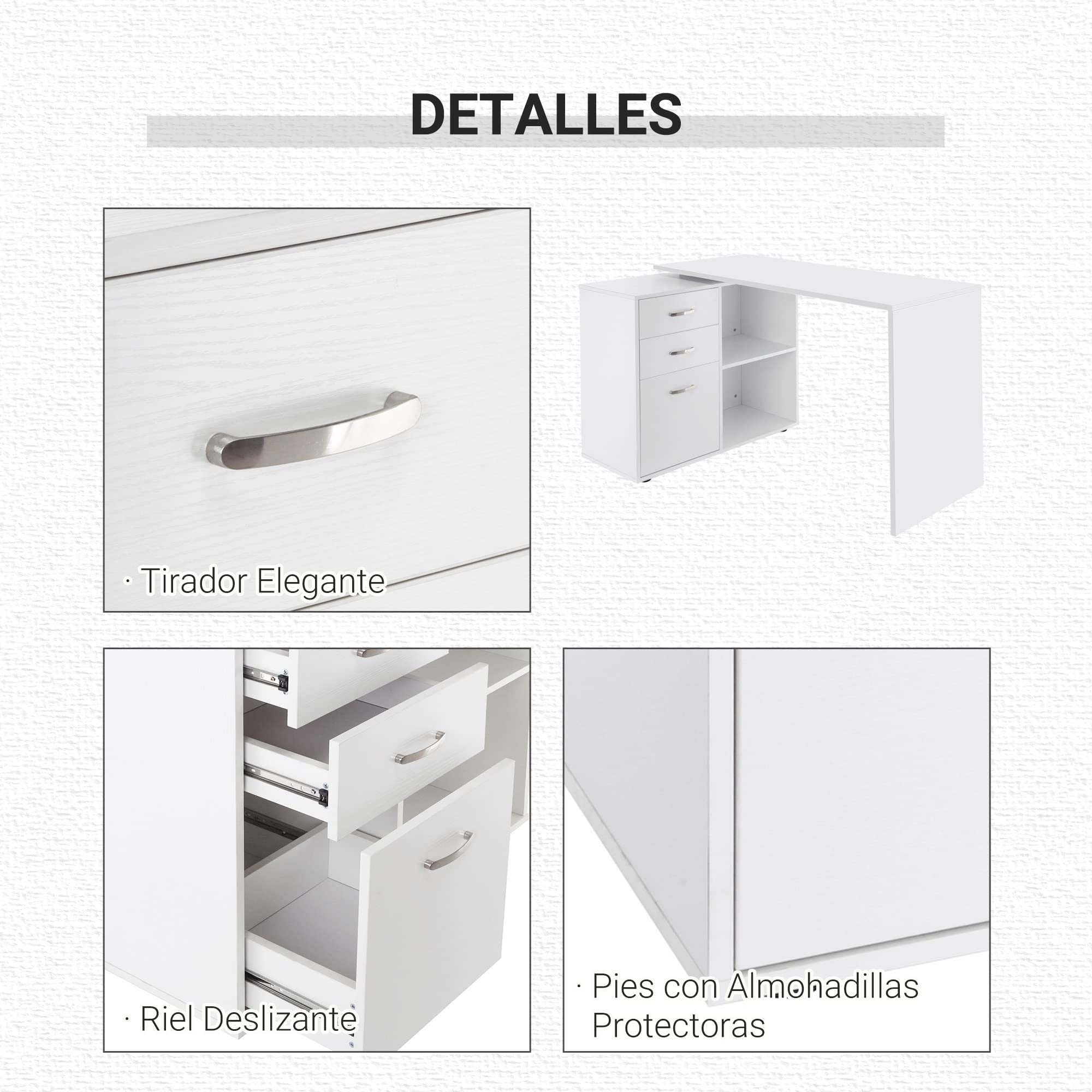 HOMCOM Mesa de Ordenador Escritorio Mesa Esquinera Oficina 2 Formas con 2 Estantes 3 Cajones Mesa de Despacho Escuela Estudio Madera Blanco