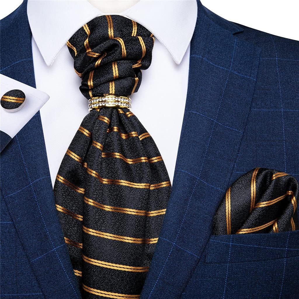 Gold Striped Black Cravat Ties For Men Vintage Tie Polyester Silk Neck Gift