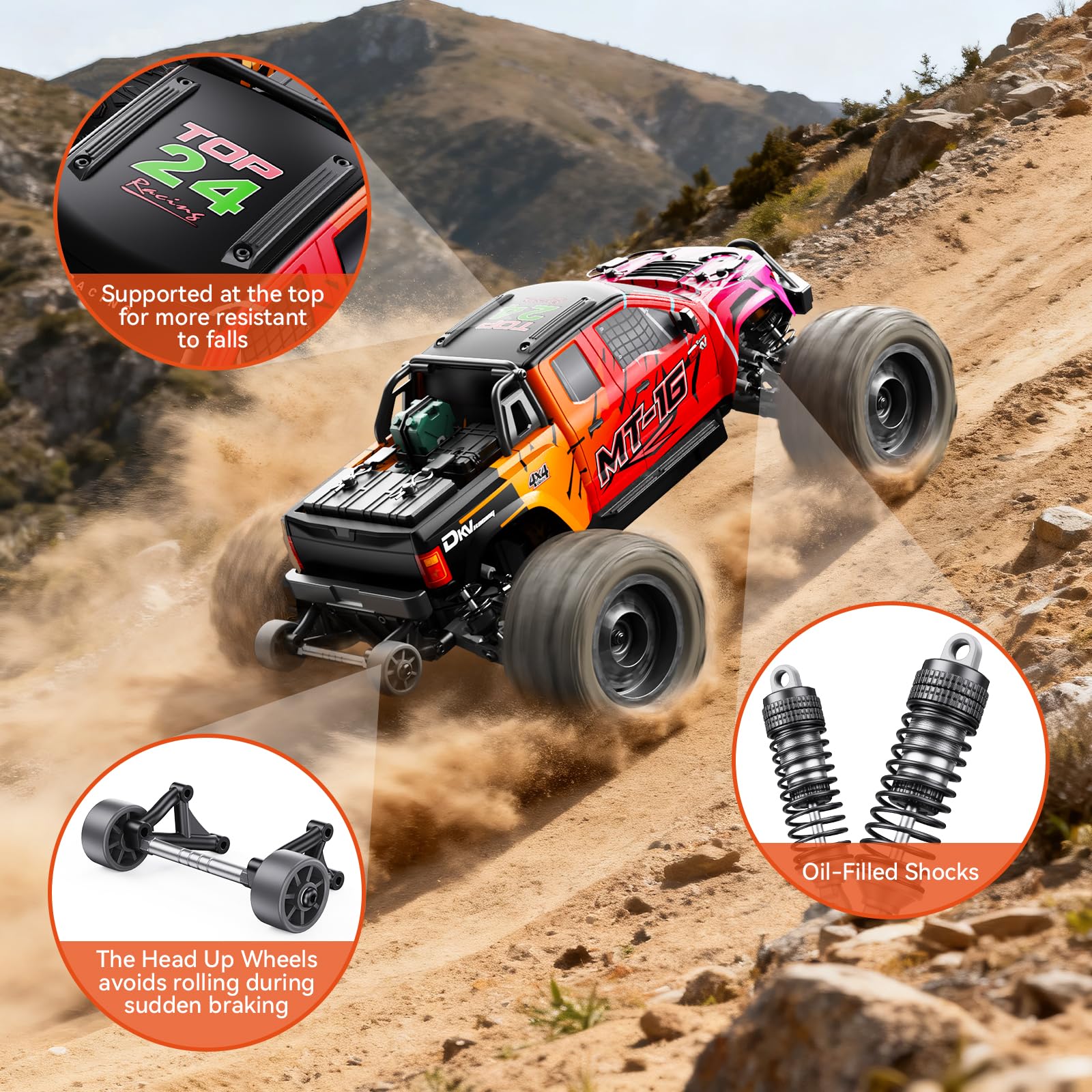 Camion TéLéCommandé 4x4 Brushless 1/16, Vitesse Maximale 80 Km/H, Tout-Terrain, Avec Batterie 3s,éTanche Et Haute Vitesse,IdéAl Pour Les Adultes Et Les Aventures Sur Neige Ou Sable - Rouge DéGradé