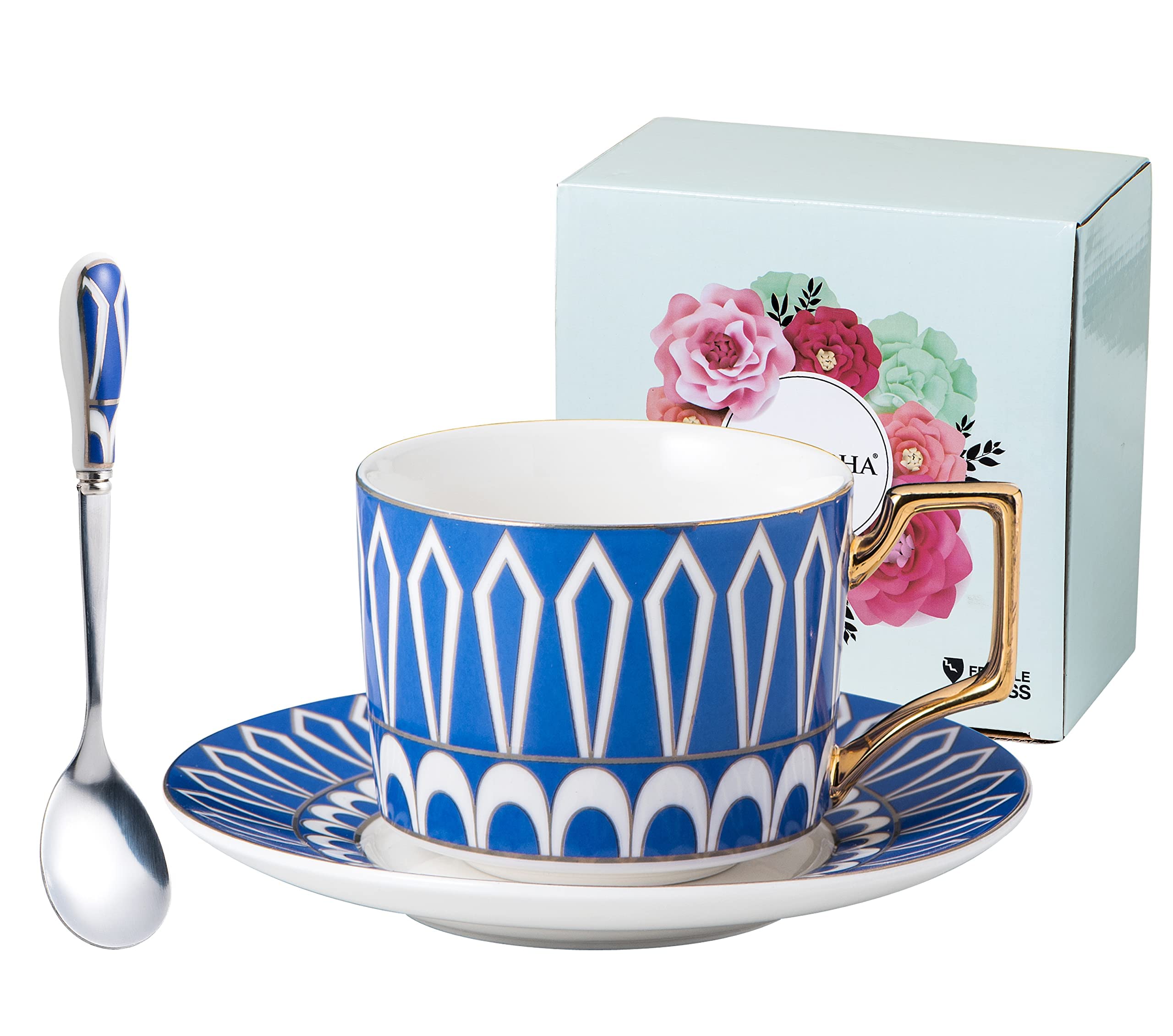 Jusalpha Stylish Elegant Modern 7.4 oz Teacups and Saucers Set-Coffee Cup with Sauce, Spoons in Gift Box, TCS27(1) (Blue-c)