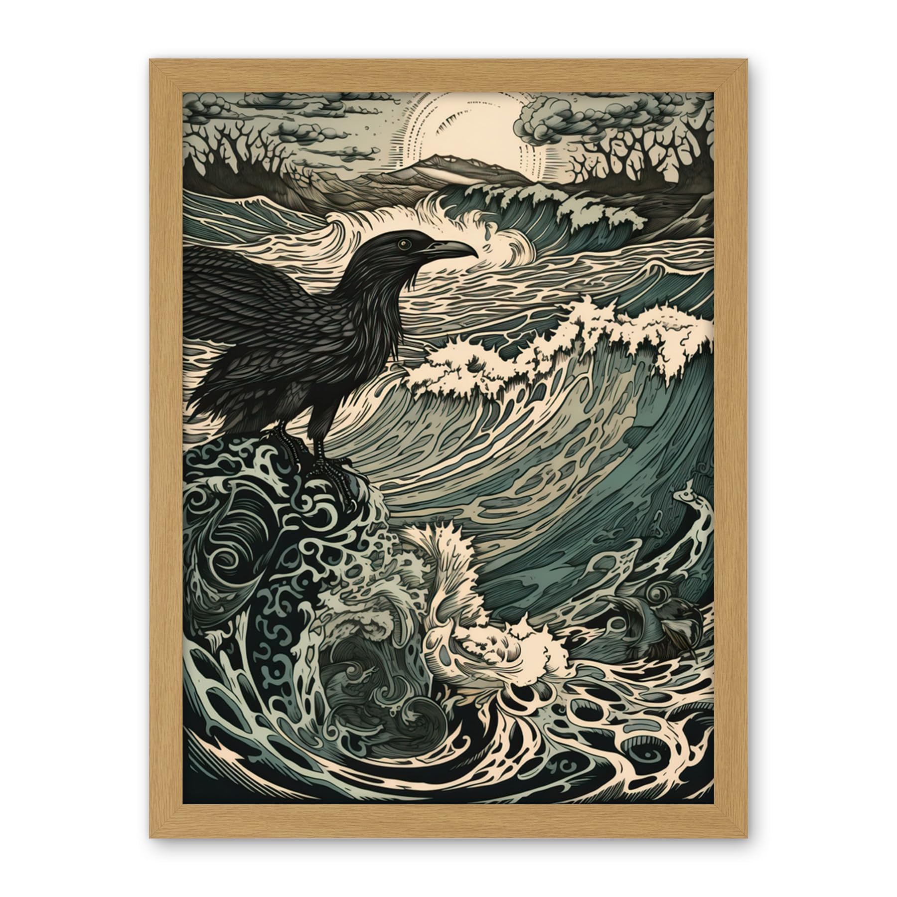 Artery8 Raven and Crashing Waves Coastal Sunrise Landscape Artwork Framed Wall Art Print 18X24 Inch