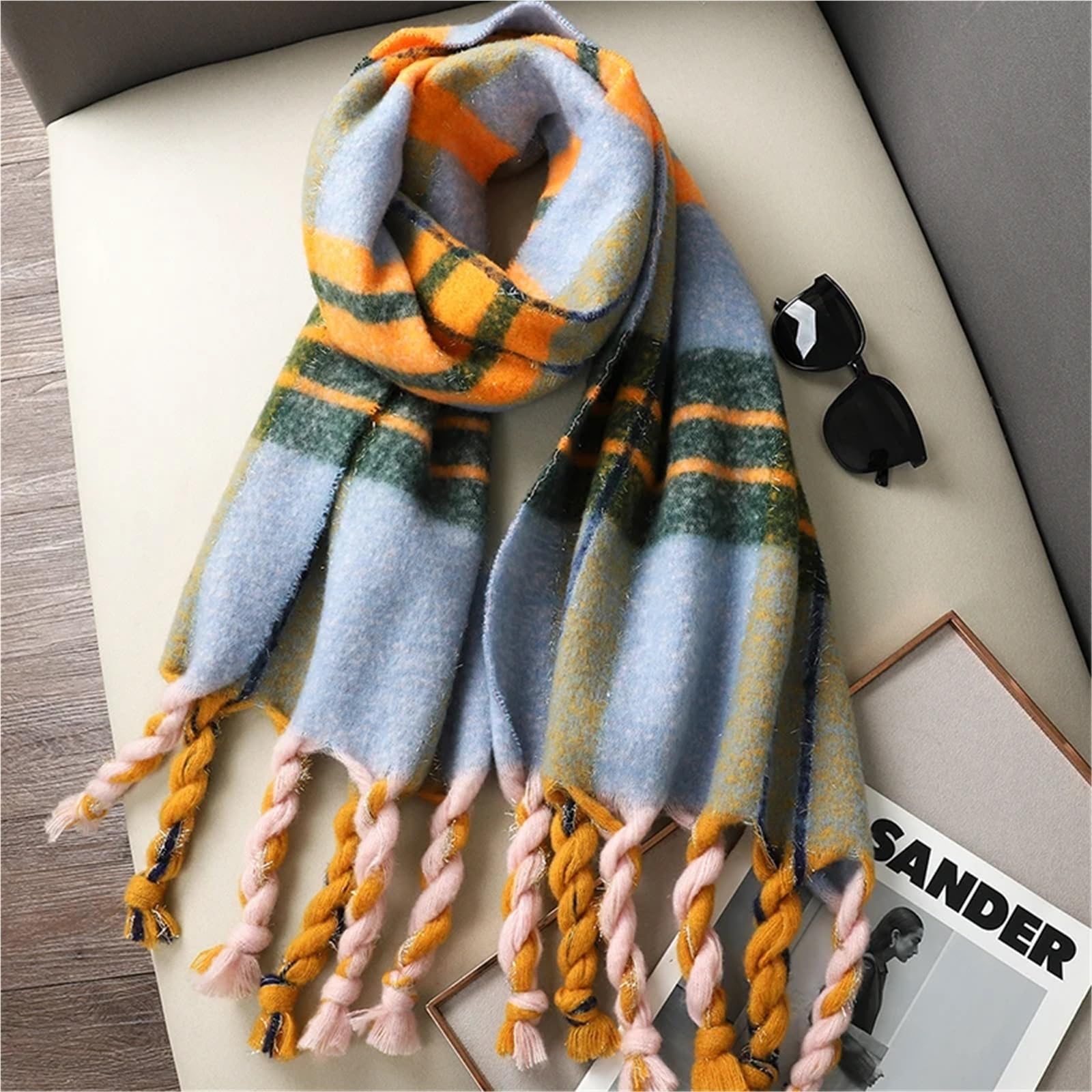 Sciarpa di Lusso in Cashmere Scozzese da Donna, Calda Pashmina Invernale con Nappe e boli di Pelo, Elegante Scialle(DS038-01)