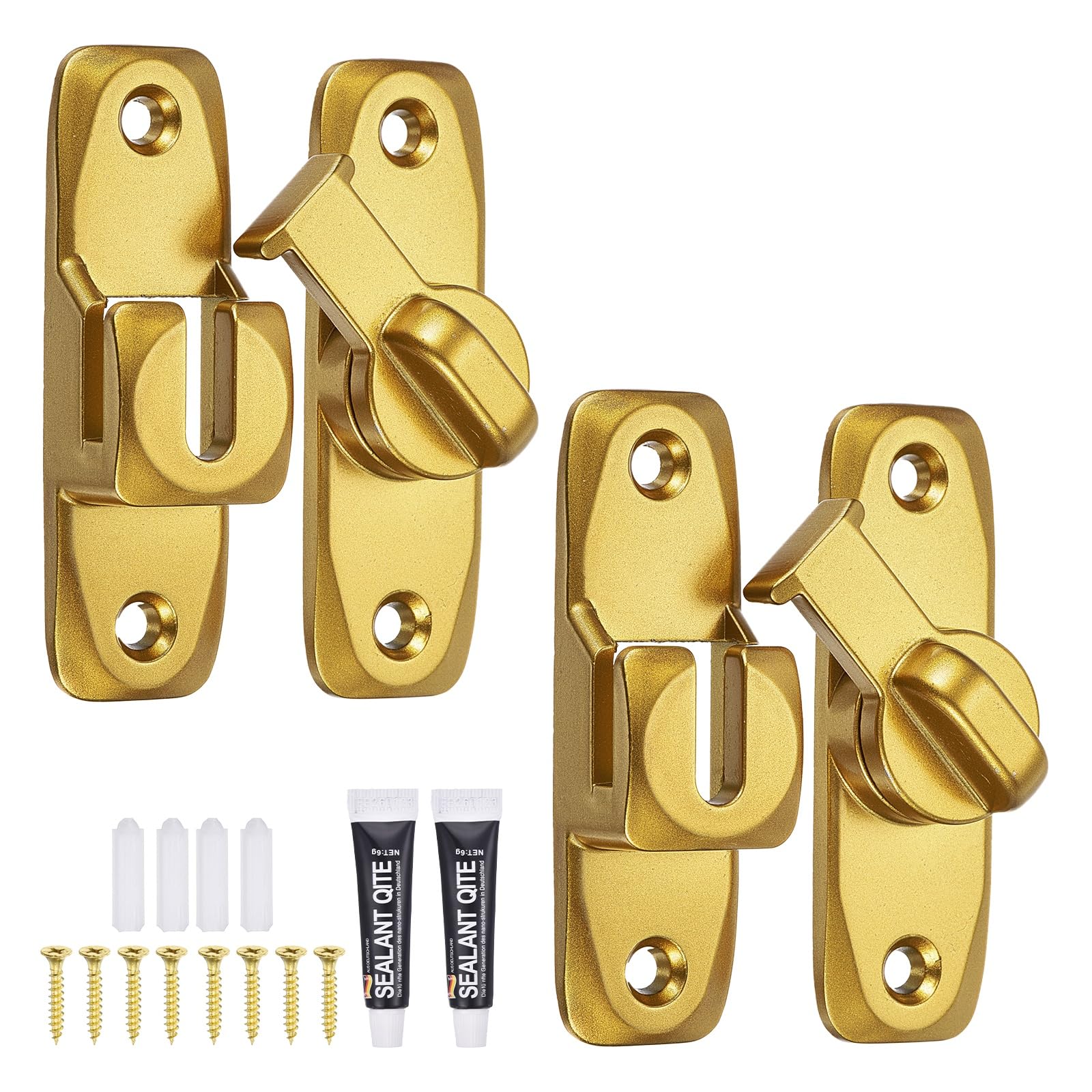 sourcing map 2Pcs Barn Door Lock, 90/180 Degree Flip Barn Door Lock Aluminium Alloy Sliding Security Latch with Screws & Nail-Free Adhesive for Garden Bathroom Garage, Gold